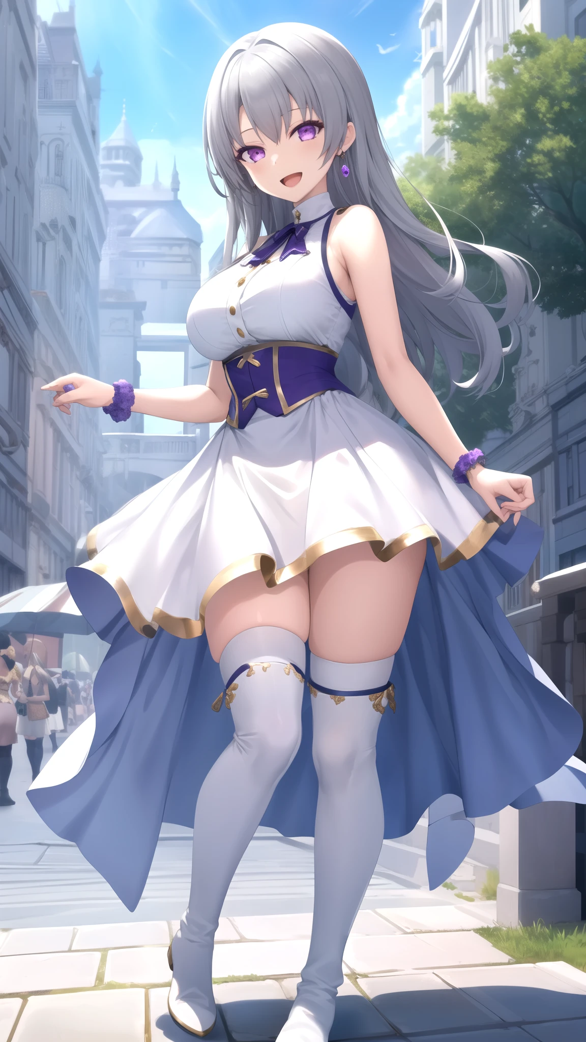 Masterpiece, Best Quality, girl, looking at viewer, Faios, grey hair, purple eyes, large breasts, sleeveless idol dress, very puffy skirt, flared skirt, thigh highs, heeled boots, standing, smile, open mouth, outdoors