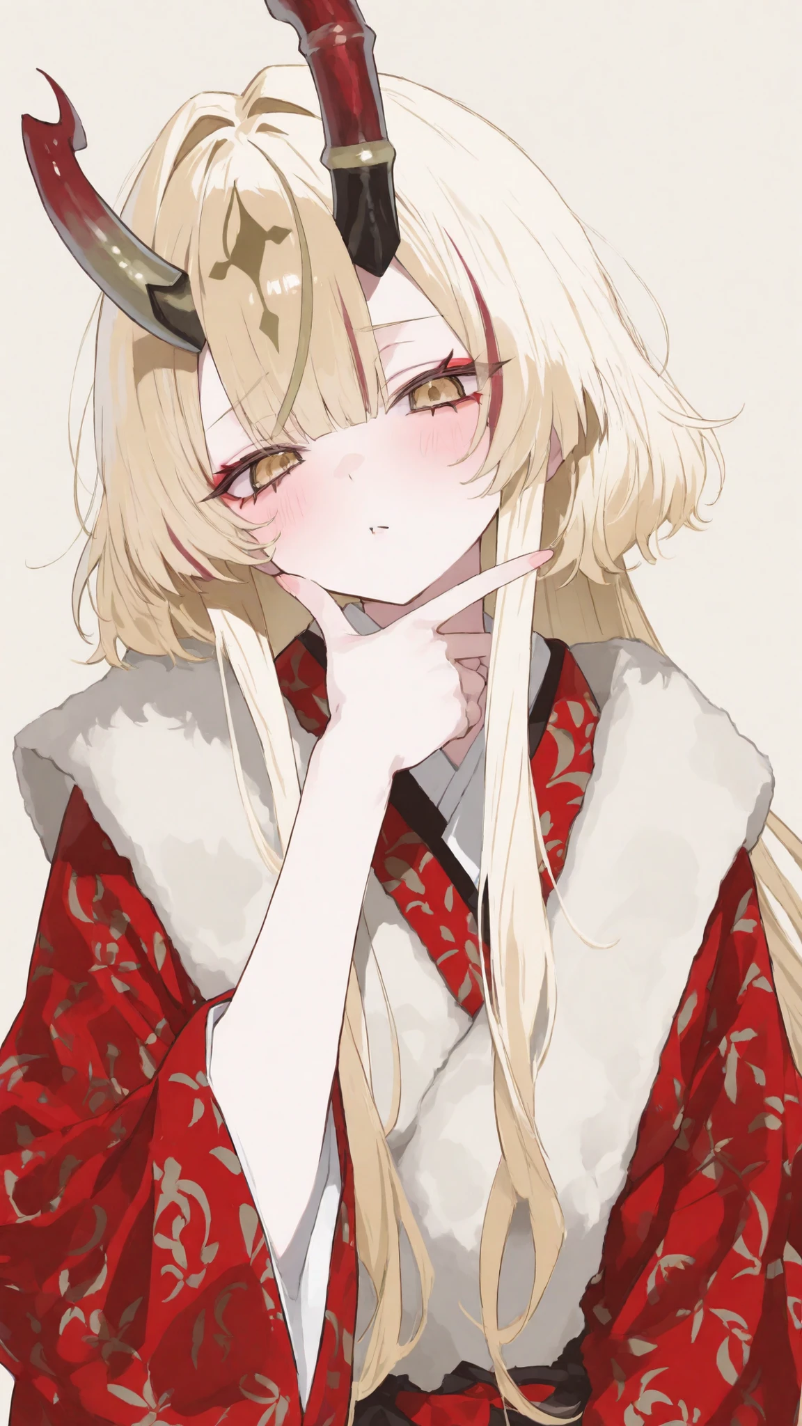 girl,,blond hair, light yellow,hair highlights gray,long hair,RED PATTERNED KIMONOKI, kabuki Face,Big Kimono,There is a regent's horn,เทศกาล,Horny on the head,