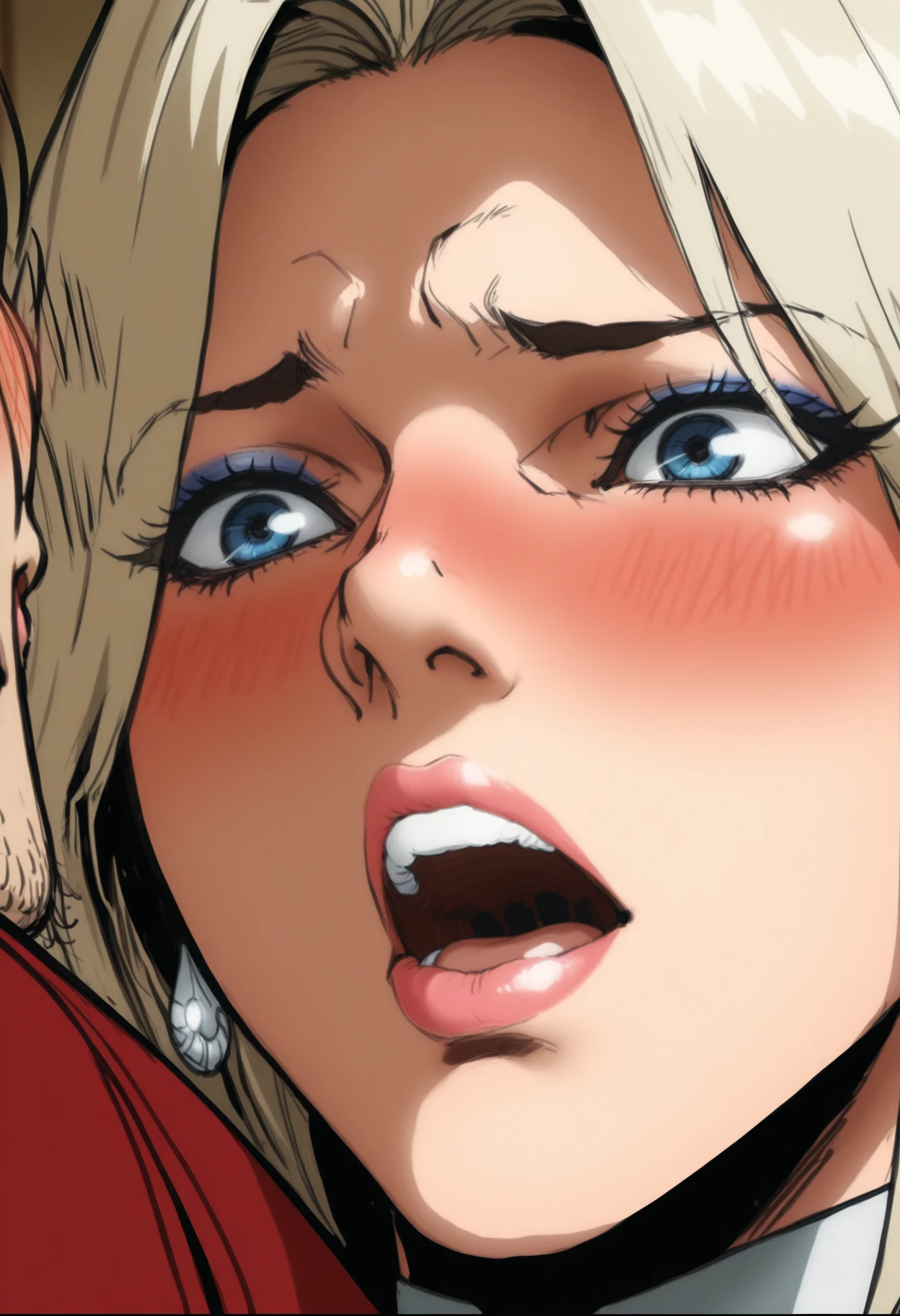 Side view of a beautiful blonde bimbo kneeling down(( a big :1.5)), ((lips around a huge :1.5)), posing, toned, slim, slender, hot, sexy, highly detailed face, (plain white background), (looking up at viewer, eye contact), (very detailed face, detailed eyes, :1.3), (pov :1.4), (pov :1.4), (oral :1.4)