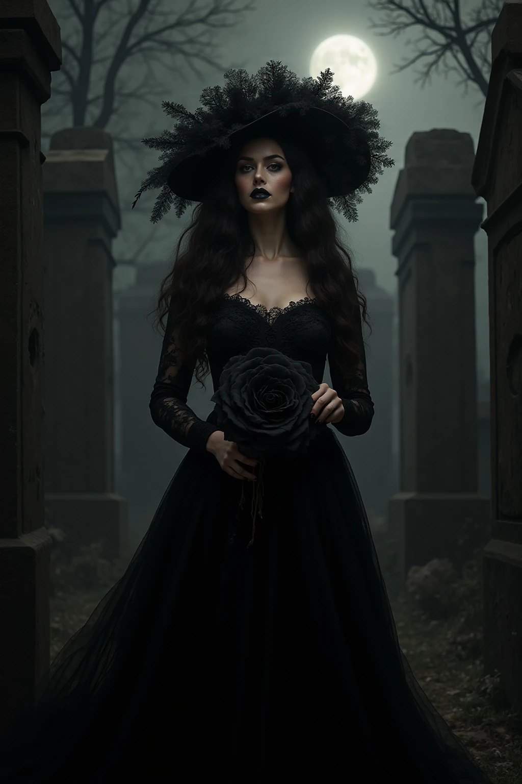A stunning, high-realistic, full body photograph of a skinny slender scandinavian goth woman goth tatttos, pale skin, goth make-up dramaticly dancing at old graveyard, fog, dark sinister atmospheric. lit by the full moon at night. clothed only in intricately draped, flowing black silk scarves, evoking a sense of elegance and grace. Captured in a monochromatic color palette, the black and white tone amplifies the textures and shadows, adding depth to the fluid, energetic movement of the subject. Soft, diffused lighting accentuates the woman's sinuous curves, as her slender limbs seem to blur in motion, exuding a sense of freedom and melancholy.