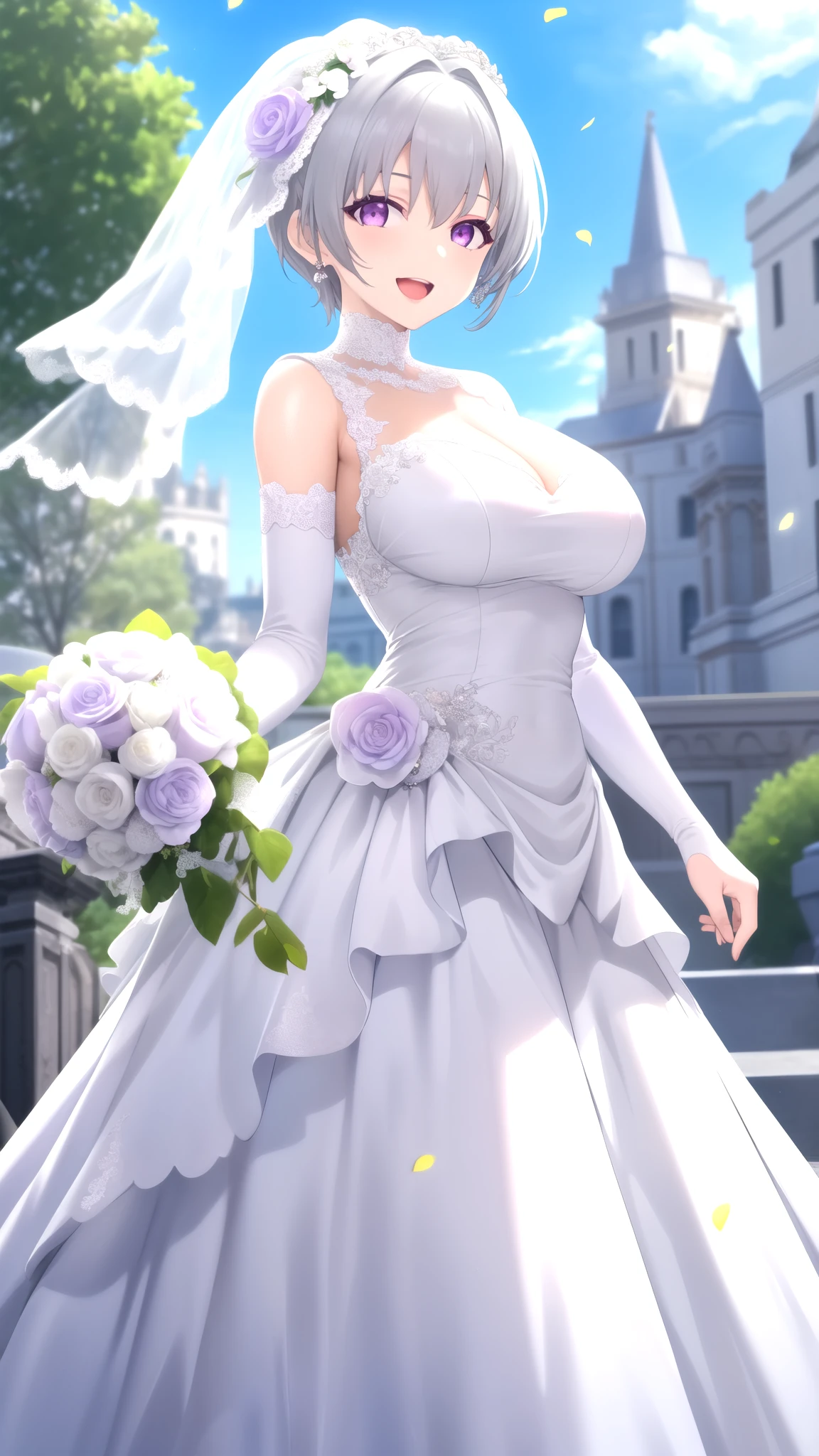 Masterpiece, Best Quality, girl, looking at viewer, Faios, grey hair, purple eyes, large breasts, wedding dress, standing, smile, Open mouth, outdoors