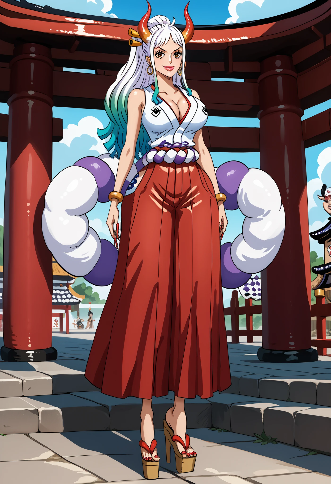 Source_9_up, Source_8_up, source_7_up, source_6_up, source_5_up, Source_BIMBO, Source animé (One piece), source  Doujin expressive , source , Masterpiece, best quality, Amazing quality, stunning quality, newest, style amime, anime, anatomically correct, detailed, high detailed, super detailed, textured skin, earring, detailed face eyes and skin, detailed face and eyes extreme detail, skin detailed, brillant skin, Dynamic skin, Style Kawaii, Dynamic lightning, surreal, 8k wallpaper, stunning quality, onepiecestyle, yamato \(one piece\), BREAK 1girl, solo, 1Slut Bimbo striper, 20s, HyperBimbo, embarrassed, aroused, massive corpulency, Dream body, body, japanese clothes, multicolored hair, jewelry, earrings, sleeveless kimono, hair ornament, kimono, high , curled horns, long hair, oni,  smile, rope,  hair stick, sleeveless, shimenawa, red hakama, (high heels), Ultra high STILETTOS, makeup, puffy sleeves, lipstick, stunning makeup , strong lipliner , heavy eyeliner , false eyelashes, lip gloss, lipstick, huge lips, lip filler, bimbo lips, super long nails, perfect spherical , fake ,  implants, Huge Round , wide  visible from the front, fake , huge lift up , massive buble , heart-shape , thick thighs, thighs, wide , prominent , perfect curves, shrine background, closed mouth, hoop earrings,  shoulders, shrine background,  pushed forward, Lower back pushed forward, full body in frame,  ponytail, 