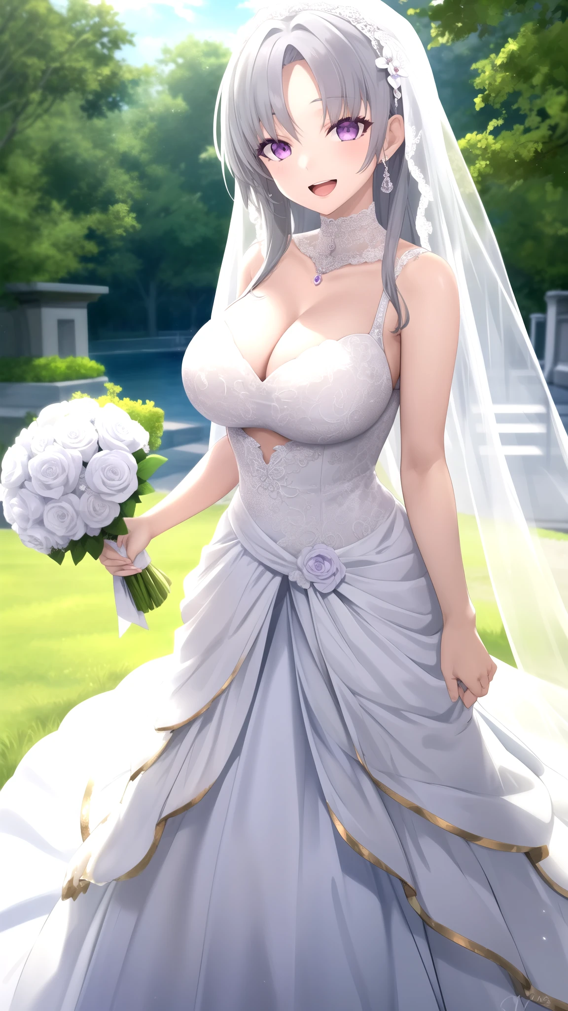 Masterpiece, Best Quality, girl, looking at viewer, Faios, grey hair, purple eyes, large breasts, wedding dress, standing, smile, Open mouth, outdoors 