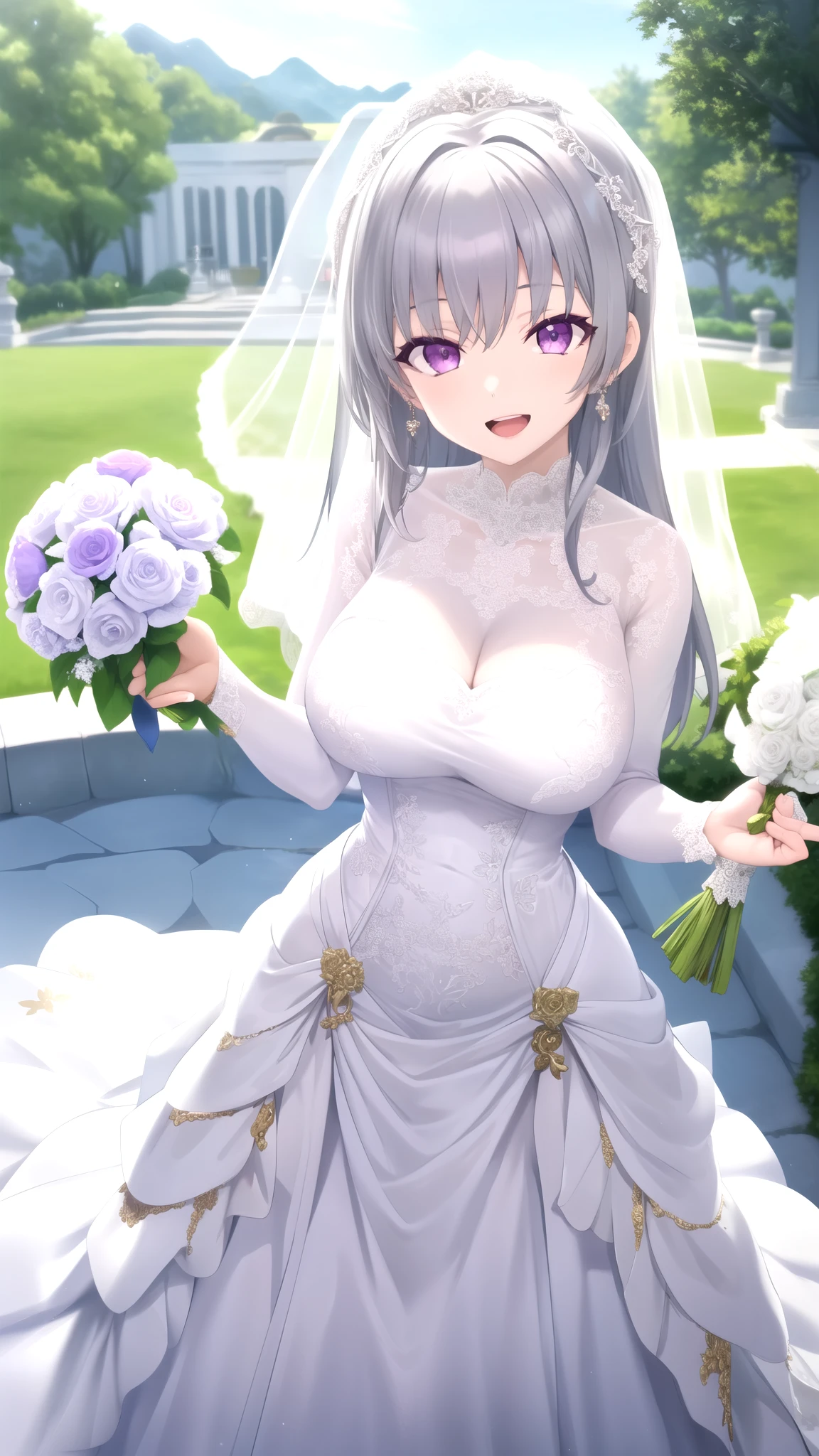 Masterpiece, Best Quality, girl, looking at viewer, Faios, grey hair, purple eyes, large breasts, wedding dress, standing, smile, Open mouth, outdoors