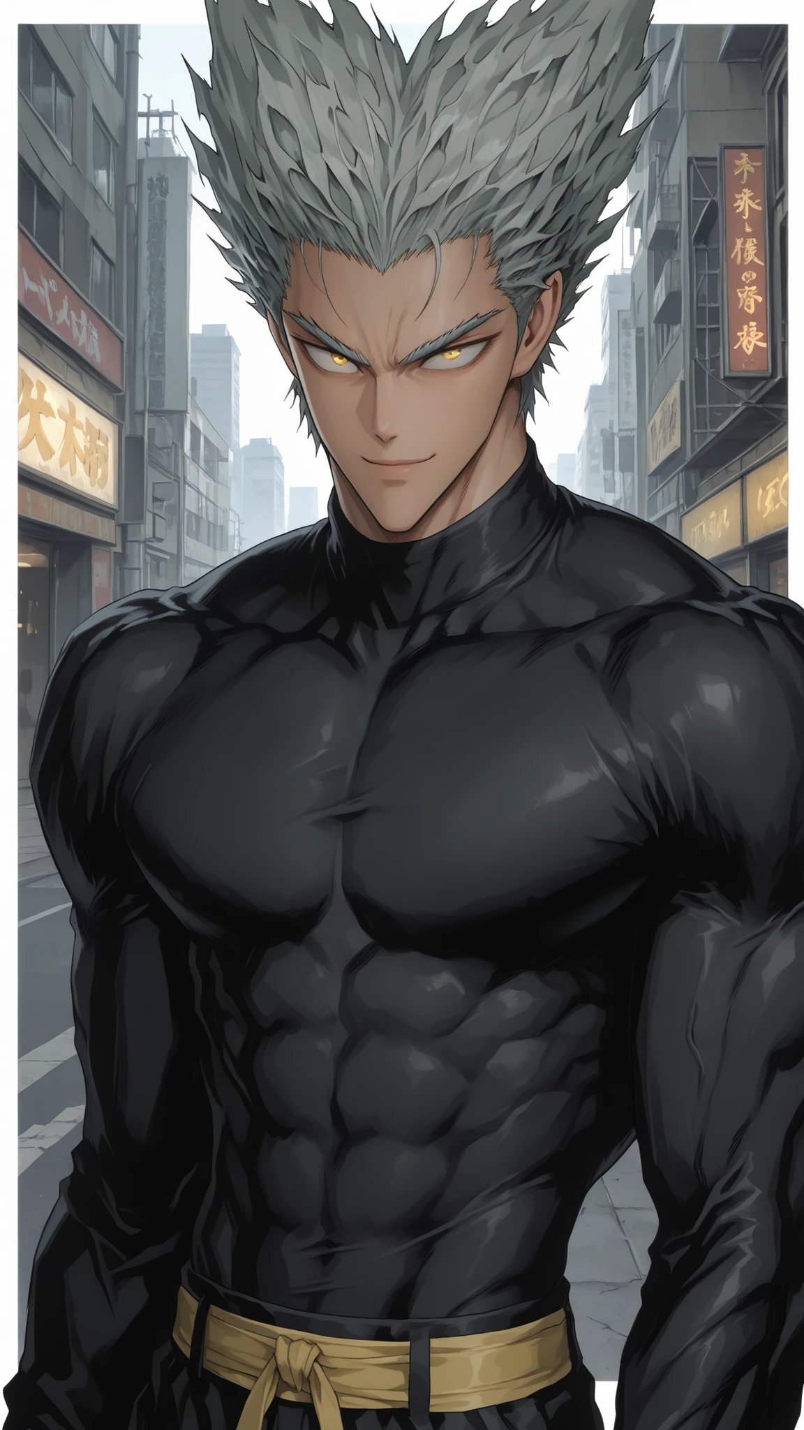 Man, Top Quality, very detailed, Perfect Description , Young Man Male Garou, short silver hair, original unique texture, distinct jawline, sexy look, Perfect upper body, Narrow shoulder line, Soft chest, The top is only conceived as a black compression tee, GI pants, Clear image quality, sexy waist , Stylish composition , Garou in One Punch Man, illustration, pants have a yellow waistband. emphasize a dry but firm body, His hair is only made up of silver. He smiles and his yellow eyes stare at the artist's eyes. soft contrast expression., Smooth border expression, Downtown in the middle of the city
