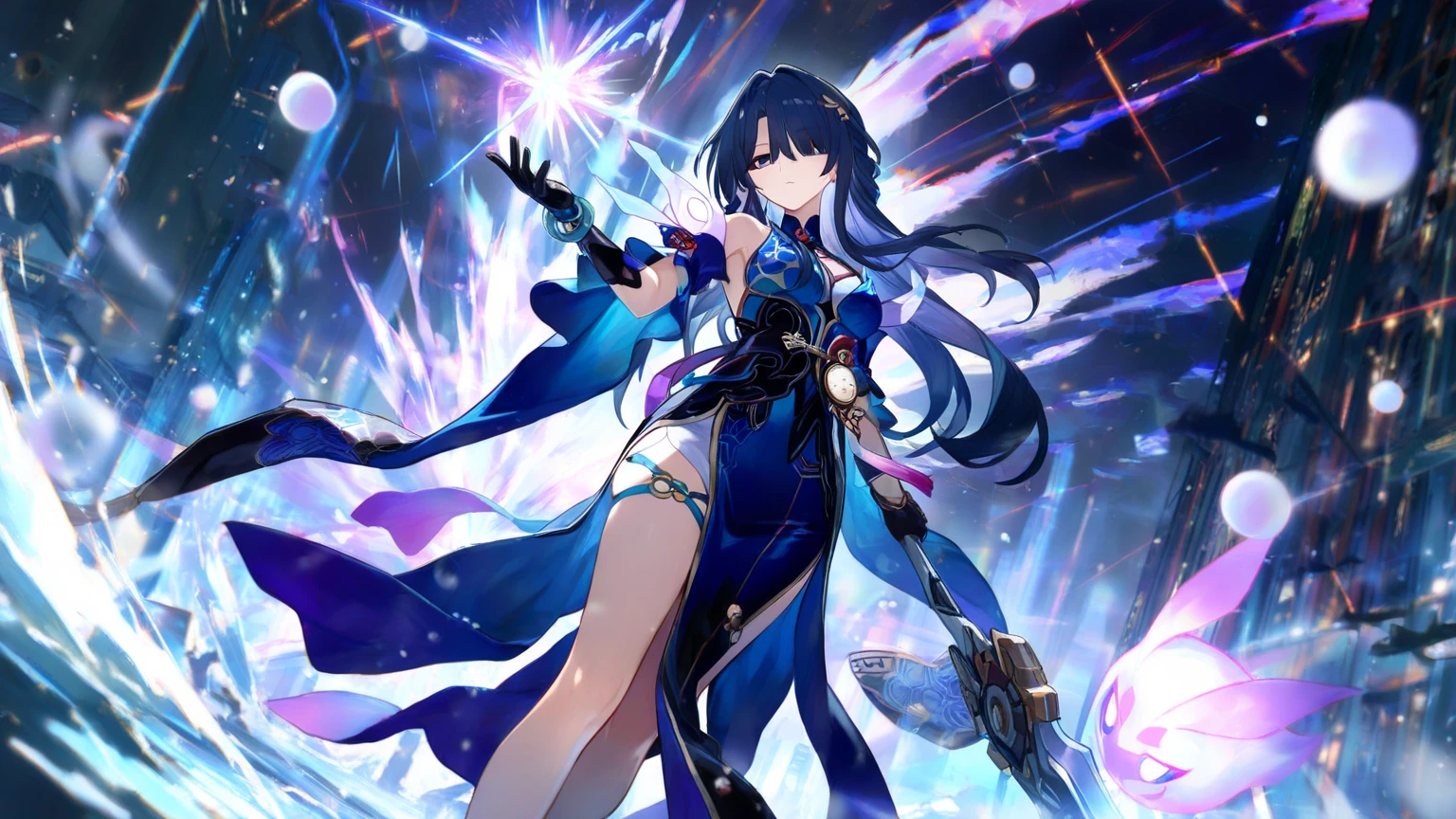 masterpiece, top quality, high resolution, perfect human structure, background focus, front view, shiny hair, black hair, turquoise sorceress outfit, water spell power, shiny water powers, city, full body, ultra hd