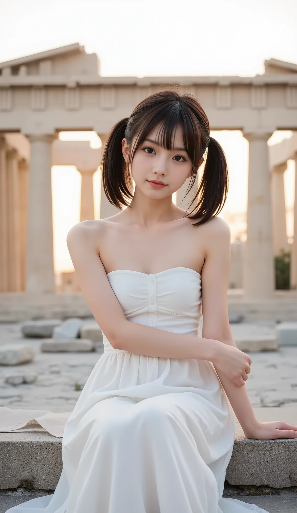 ( 8,000), (Best Quality), RAW photos, (Photo Writing:1.4), Very detailed, very cute Japanese girl,(Very thin), (a very short one, Narrow shoulder girl), ((double ponytail hairstyle)) ,  gentle smile, ((She was wearing a long white dress)), white lace long skirt,Sitting on the stone steps of the Parthenon, Beautiful Sunset,ultra HD, 