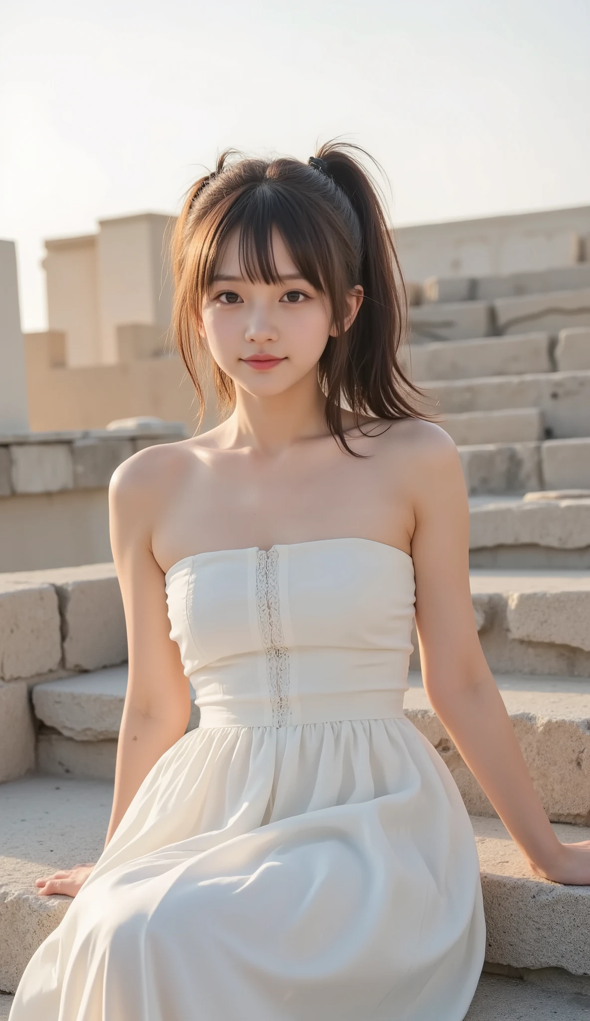 ( 8,000), (Best Quality), RAW photos, (Photo Writing:1.4), Very detailed, very cute Japanese girl,(Very thin), (a very short one, Narrow shoulder girl), ((double ponytail hairstyle)) ,  gentle smile, ((She was wearing a long white dress)), white lace long skirt,Sitting on the stone steps of the Parthenon, Beautiful Sunset,ultra HD, 