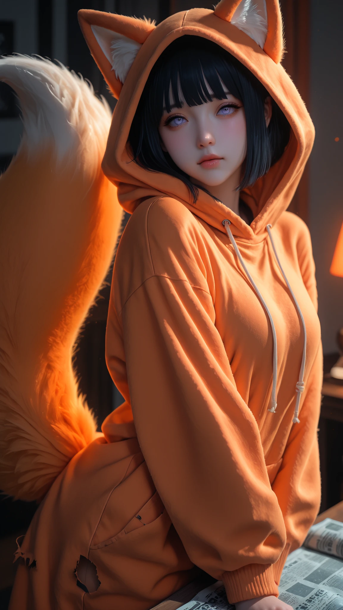 3d animation, solo beautiful and cute girl, ((hinata hyuga))black hair, bangs, smooth pale lavender eyes, tiny pink lips, she is wearing((9 tail fox costume))slim fit, ((orange color)), she is posing((adorably)), newspaper background with torn effect in the middle, 3d style, cinematic lighting, Conceptual art, depth of field, masterpiece