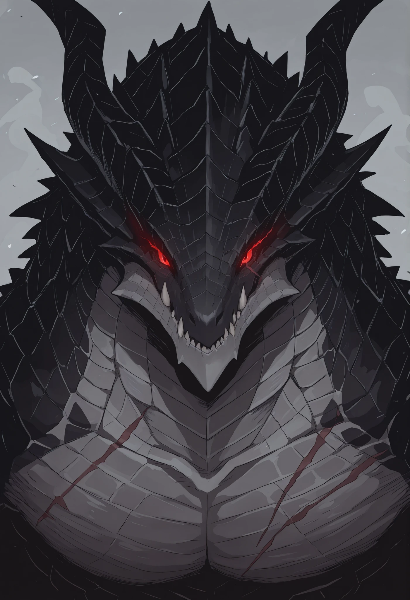 dragon anthro, black and white scales, red eyes, strong, horns, scar, very awa, masterpiece