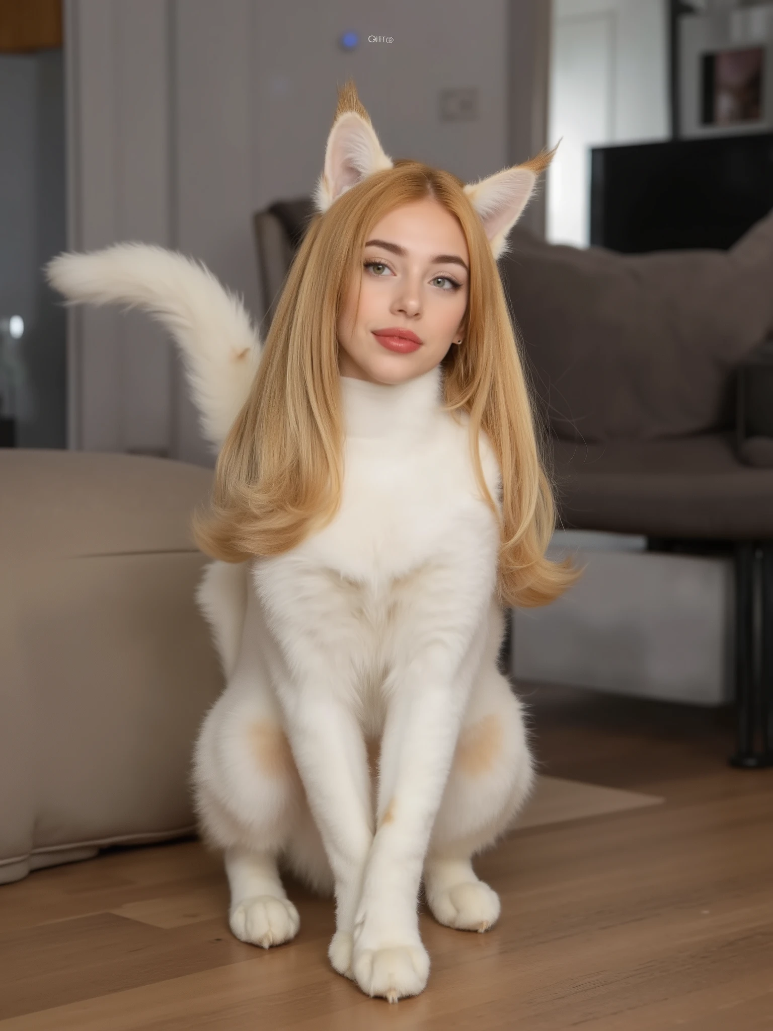 (masterpiece, High quality, high resolution hairstyle, hyperrealistic photograph), Majestic female anthropomorphic cat, hybrid creature standing on the ground on all four legs, humanized feline anatomy in an elegant posture, beautiful female face delicate features, cat whiskers on the face , long, silky blonde hair that falls on her shoulders, triangular cat ears that crown her head, shiny and expressive feline eyes, body completely covered with soft and shiny white fur, long and graceful tail moving to maintain balance, height proportional to an adult woman, defined feline muscles under the fur, proud and elegant posture, Flirty and happy. Modern home interior, LED lighting that creates defined shadows and dramatic contrasts, detailed realistic textures, perfect details of hair and skin, 8K, professional lighting , balanced composition, depth of field