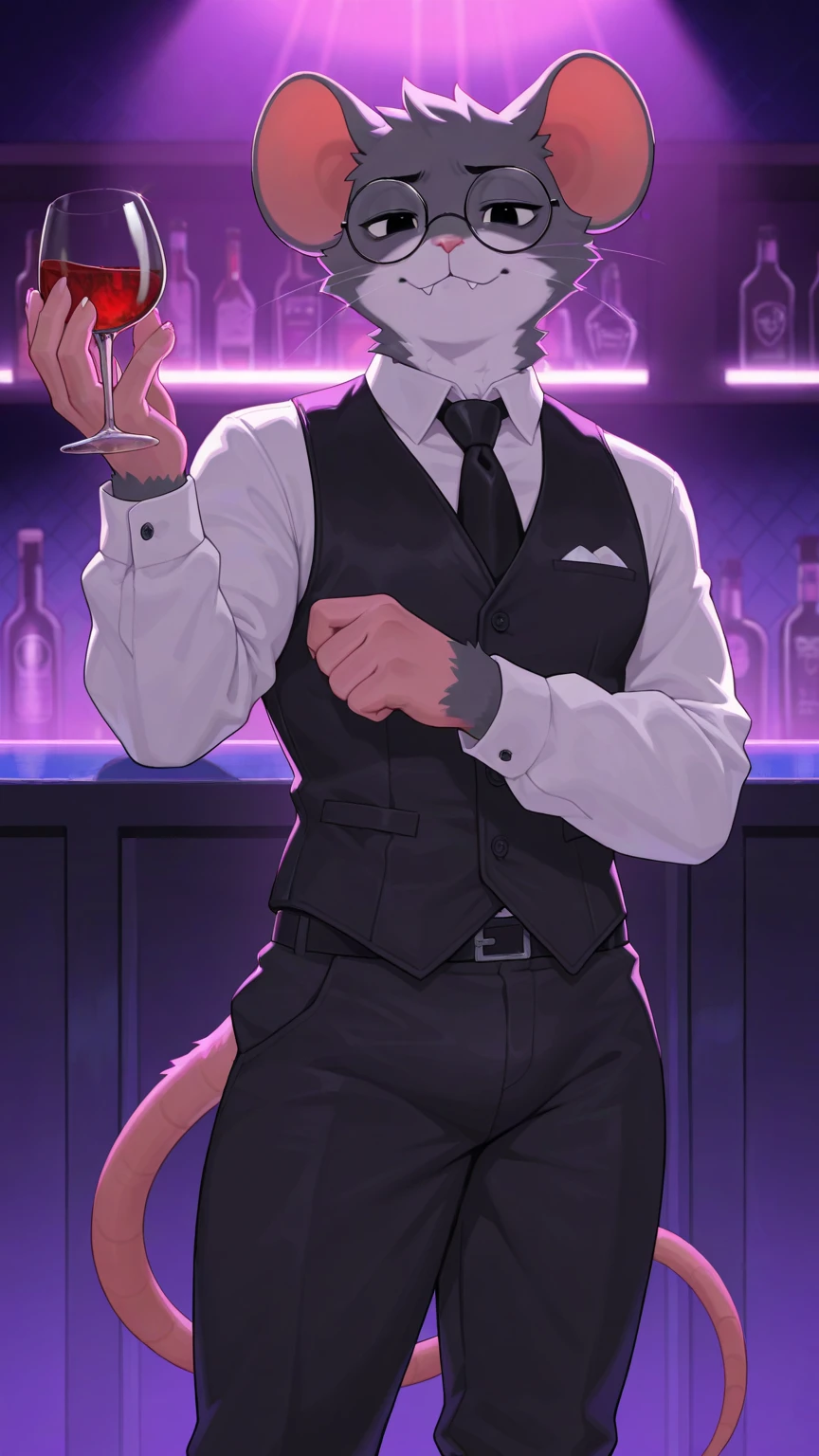 Male, sheepish, suggestive, anthropomorphic, rabbit, twink, gray fur, yellow eyes, lithe, fully clothed, club background
