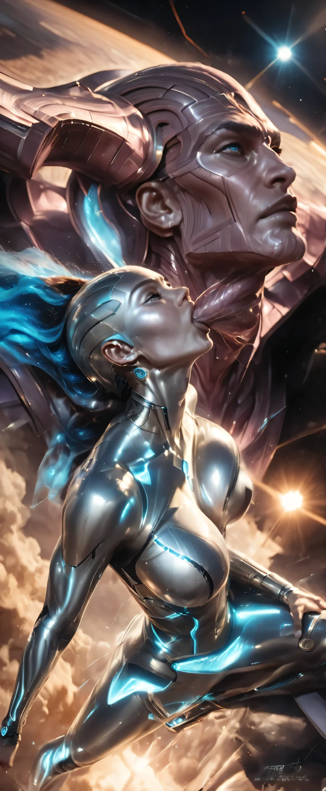 female silver surfer, movie (The Fantastic Four: First Steps", (((enermous_breasts))),detailed portrait, glowing (((silver_alloy_body_and_face))), camel_toe,powerful pose, surging cosmic energy, (((deep_throat_blowjob_to_Galactus))),surfing in air over vast landscape, photorealistic 8k, cinematic dramatic lighting, fantasy sci-fi style,chiaroscuro,colorful vibrant palette,hdr,physically-based rendering,sharp focus,extremely detailed,((rough sex)),(((rating_explicit)))