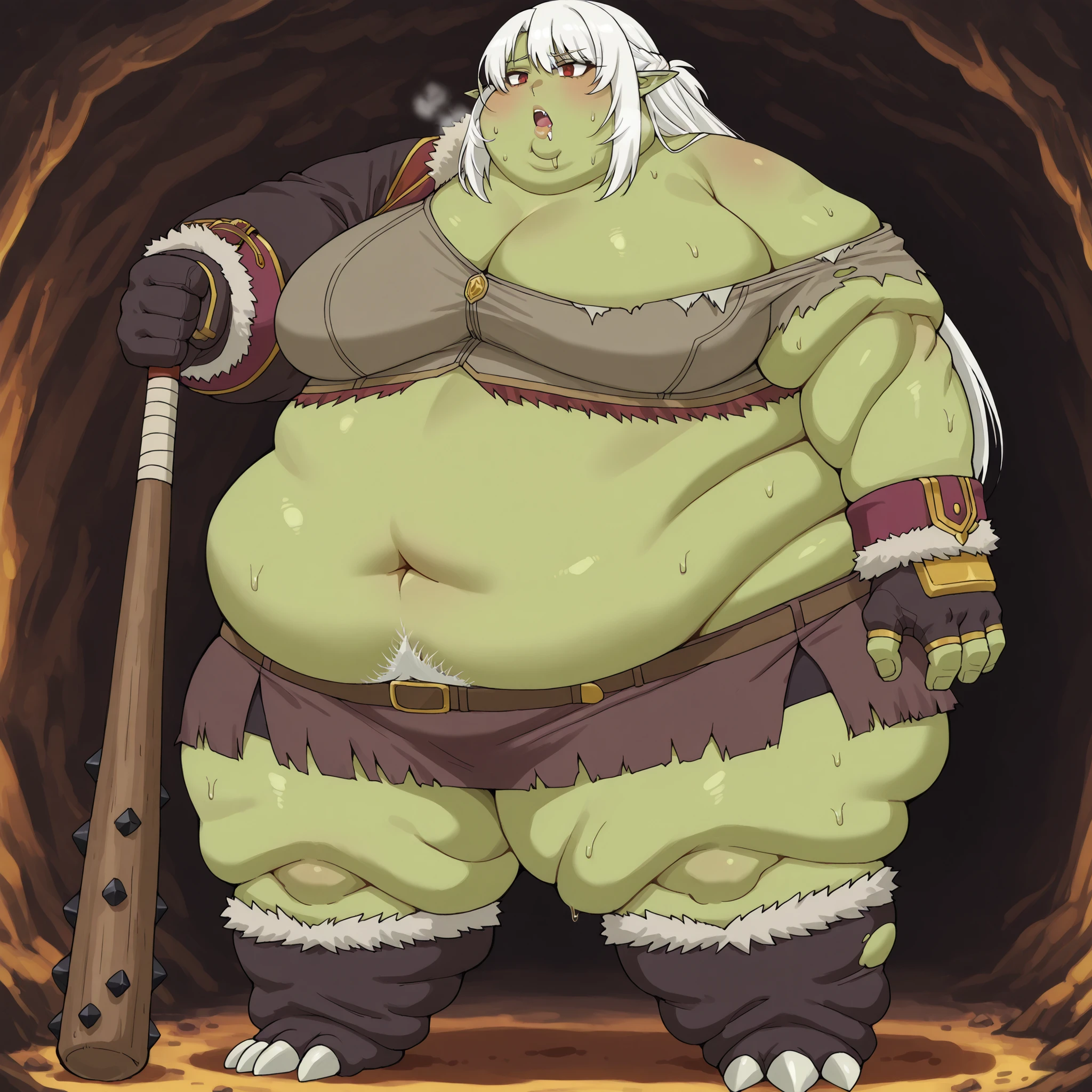 silk amberwood (aparida), dark elf, long hair, white hair, pointy ears, red eyes, large breasts, Becoming a orc, monster, Orc, Female Orc, green skin, tusks, Orc, fangs, 1girl, fur, rags, brown crop top, fur trim crop top, single off shoulder, midriff, navel, brown miniskirt, fur trim miniskirt, blank_stare, empty_stare, fat, chubby, obese, gigantic arms and legs, large breasts, sweating, wet body, swollen face, Fat_neck , Fat head , eyes with crushed cheeks , nose with crushed cheeks , mouth with crushed cheeks , chin roll,
only head, large head, oversized limbs, large hands, large feet, oversized feet, oversized fingers, big lips, plump lips, fat face, fupa, big fupa, fat fupa, in a cave, open mouth, drooling, pubic hair, hairy, holding a club, holding a weapon, large breasts, fat, chubby, obese, fat neck, multiple chins, big breasts open mouth, out of breath, Larger female, full body shot, only head, large head, oversized limbs, large hands, large feet, oversized feet, oversized fingers, big lips, plump lips, fat face, fupa, big fupa, fat fupa, hunchback, torn clothes, ripped clothes