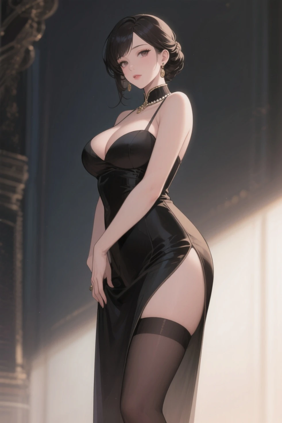 delicate, masterpiece, beautiful detailed, finely detailed, intricate details, (realistic:1.2), (almost black lighting:1.2), (film noise:1.4), (looking at viewer:1.2), (detailed face), (masterpiece), (best quality), (ultra detailed), (illustration), (1girl), (Fashionable clothing), (Highres) (Detailed illustration) Ultra-detailed, Solomia Maievska, brown eyes, very detailed eyes, thick eyebrows, short curly hair, brown hair, detailed glassy eyes, adult woman, strong chin, strong jaw, cleavage, athletic body, slender build, slim body, detailed background, formal, (fully dressed), Russian, pretty eyes, night time, night setting, solo female, smiling, elegant neck, beautiful neck, detailed neck, shapely neck, elegant dress, extravagant ballroom, rich party, beautiful dress, formal dress, (full body), standing, roman toga