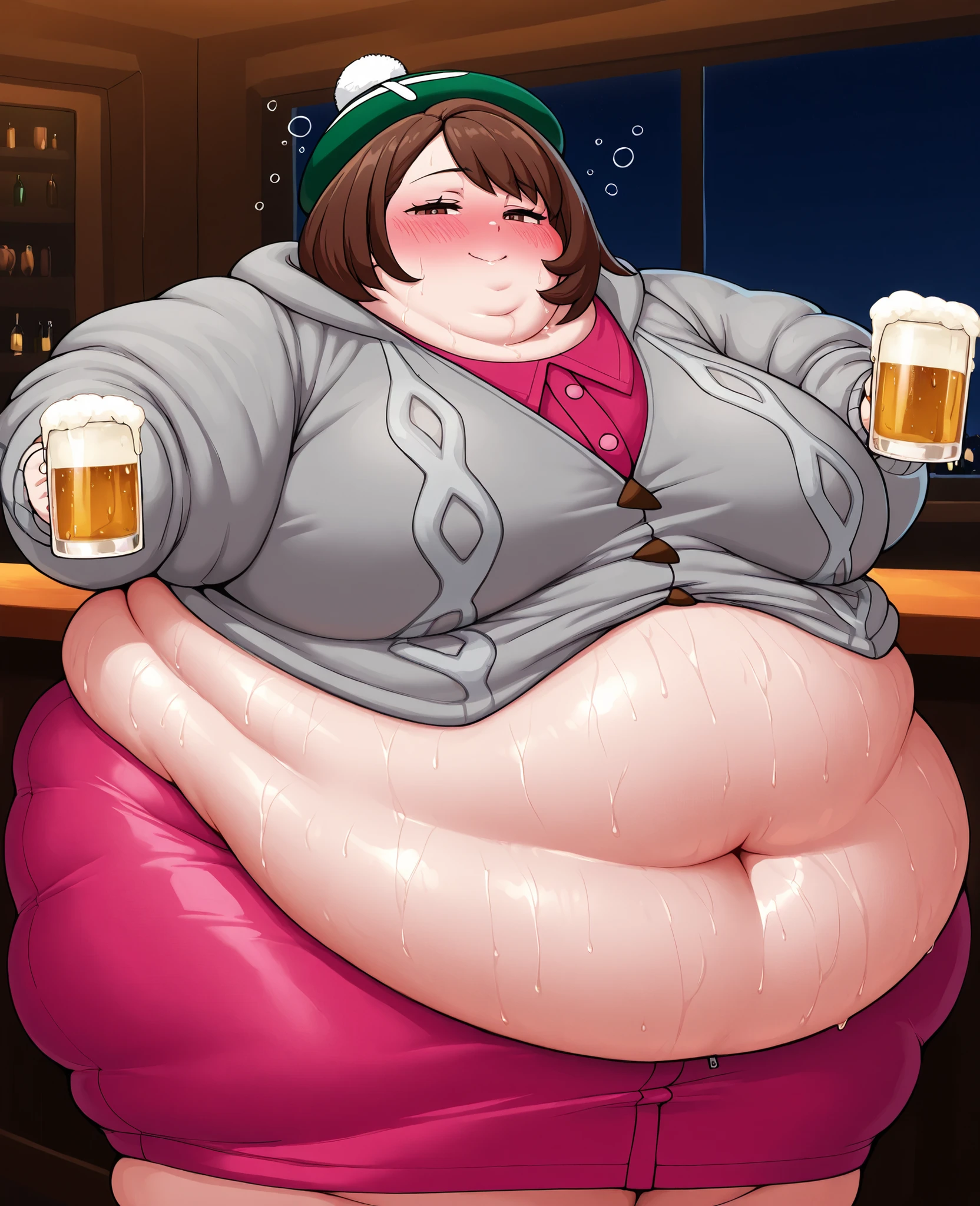 masterpiece, best quality, solo, 1girl, score_9, score_8_up,score_7_up BREAK, 1girl, solo, chubby, fat, very fat, obese, obesearms and legs, sloppy stomach, saggy round breasts, fat face, fupa, double chin, plump, thick thighs, thigh, morbidly obese, immobile, blush, sweaty, sweaty hair, blushing, \(Pokemon\), , gloria (pokemon) , green hat , grey cardigan , hooded cardigan , cable knit , pink dress , zipper , perfect anatomy, close to viewer, pokemon setting, pub, night, (clothes rip 1.3), (tight clothes 1.5), blush, drunk, drunk expression, holding mug, mug, mug of beer,