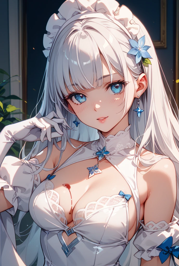1girl, long_hair, ((on body)), hair ornament, necklace, jewelry, long hair, earrings, highres, white hair ribbon, white clothes, beautiful face, detailed beautiful eyes, detailed eyelashes, (), slim body, shiny skin, (8k_wallpaper), intricate and refined delicate details, (no ), (transparent clothes), (covered, toned abs, beautiful_mistake-8500,, open collar shirt,   towel, detached sleeves, open mantle, transparent white capelet, transparent sleeves, transparent ribbon, neck ribbon, --auto --s2