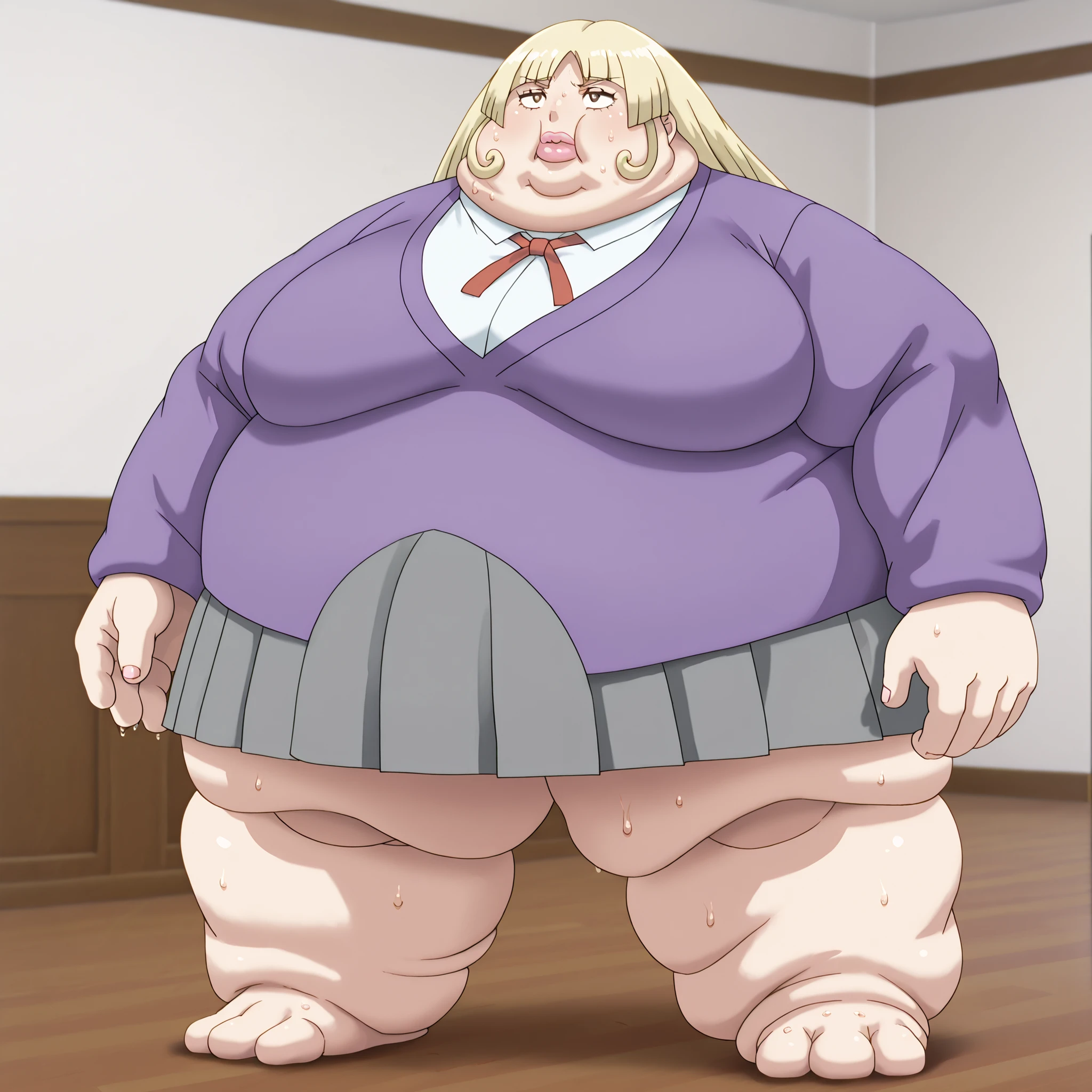 Lips, thick lips, pokemon (creature), no humans, 1girl, white shirt, school uniform, brown eyes, skirt, breasts, blonde hair, purple jacket, blank_stare, empty_stare, fat, chubby, obese, gigantic arms and legs, large breasts, sweating, wet body, swollen face, Fat_neck , Fat head , eyes with crushed cheeks , nose with crushed cheeks , mouth with crushed cheeks , chin roll,
only head, large head, oversized limbs, large hands, large feet, oversized feet, oversized fingers, big lips, plump lips, fat face, fupa, big fupa, fat fupa,