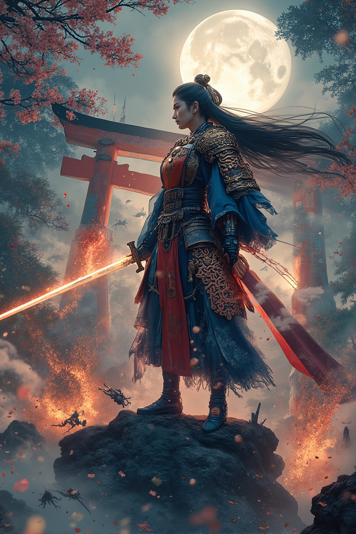(best quality,4k,8k,highres,masterpiece:1.2), ultra-detailed, (realistic,photorealistic,photo-realistic:1.37), A fearless Japanese female warrior in traditional crimson and indigo battle kimono reinforced with ornate samurai armor. She wields a glowing katana inscribed with ancient sutras, standing confidently on a torii gate at twilight. Her long black hair flows like ink in the wind, eyes burning with divine fire. She is surrounded by vanquished yokai—oni, nurarihyon, and giant spiders—fading into smoke. Cherry blossom petals mix with swirling spiritual energy as holy seals float in the air. Moonlight filters through misty cedar trees, casting ethereal shadows. Ukiyo-e inspired, cinematic style, highly detailed, mystical atmosphere.