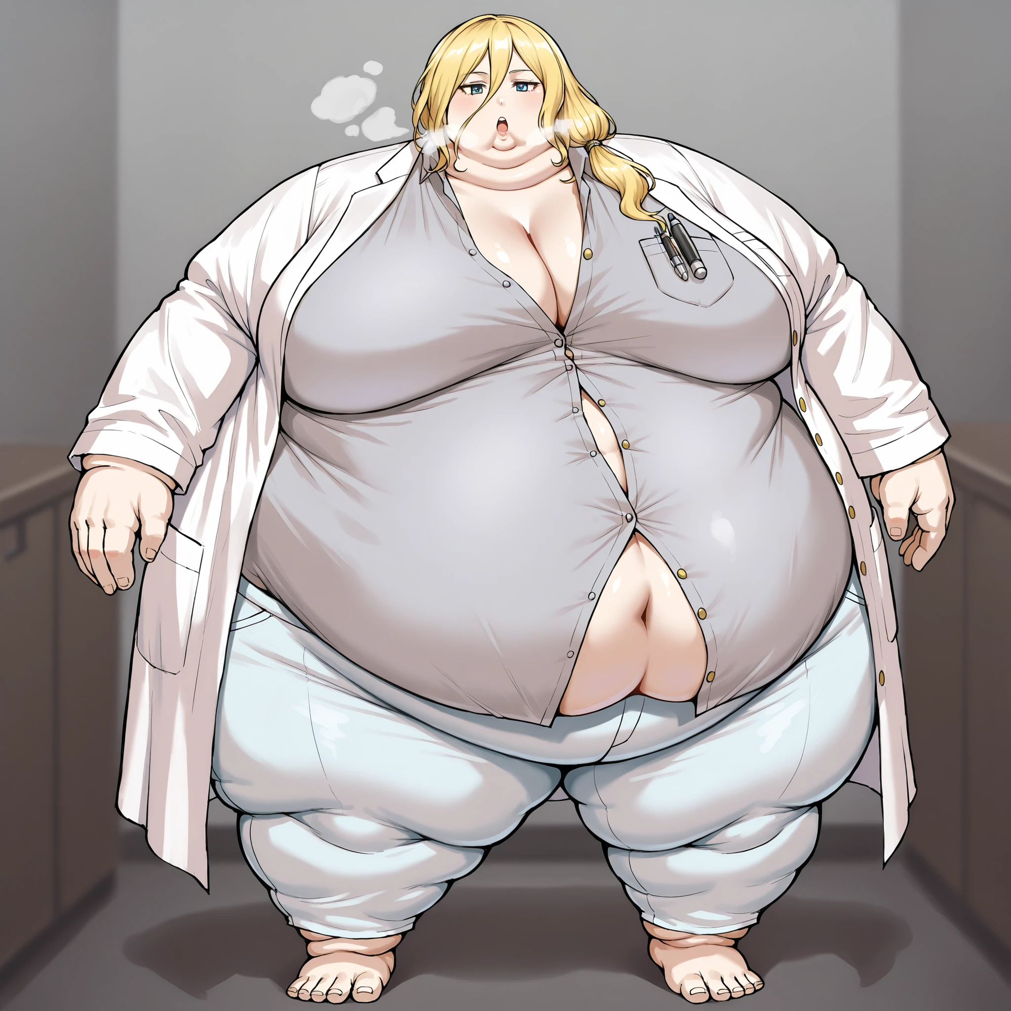 La_Monica
1girl, solo, blonde hair, long hair, side ponytail, hair between eyes,
hair tie, white hair tie,
lab coat, white lab coat, shirt, gray shirt, shirt with golden buttons, unbuttoned shirt, light blue pants, chest pocket, pen in chest pocket, breasts, fat, chubby, obese, fat neck, multiple chins, big breasts open mouth, out of breath, Larger female, full body shot, only head, large head, oversized limbs, large hands, large feet, oversized feet, oversized fingers, big lips, plump lips, fat face, fupa, big fupa, fat fupa, 
