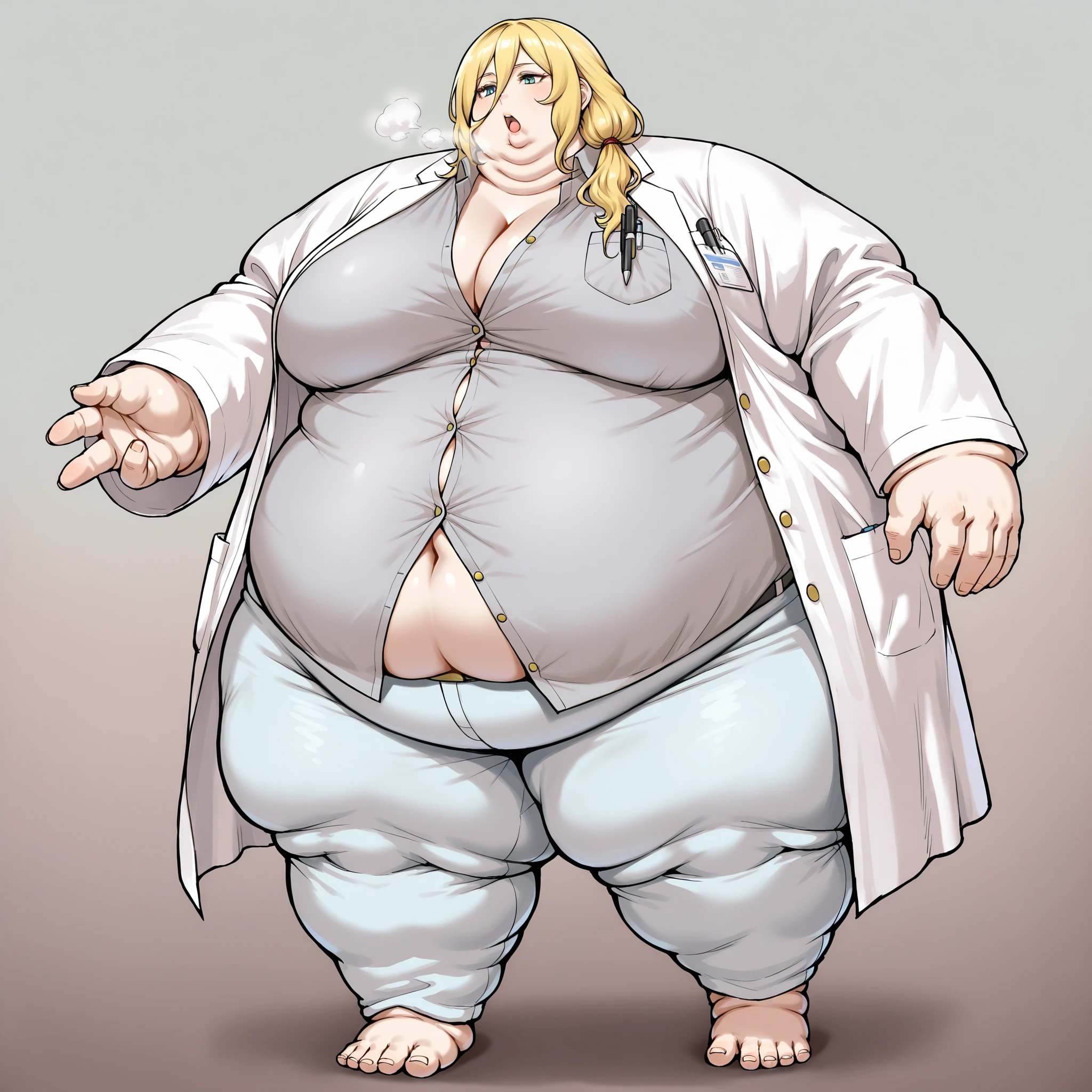 La_Monica
1girl, solo, blonde hair, long hair, side ponytail, hair between eyes,
hair tie, white hair tie,
lab coat, white lab coat, shirt, gray shirt, shirt with golden buttons, unbuttoned shirt, light blue pants, chest pocket, pen in chest pocket, breasts, fat, chubby, obese, fat neck, multiple chins, big breasts open mouth, out of breath, Larger female, full body shot, only head, large head, oversized limbs, large hands, large feet, oversized feet, oversized fingers, big lips, plump lips, fat face, fupa, big fupa, fat fupa, 