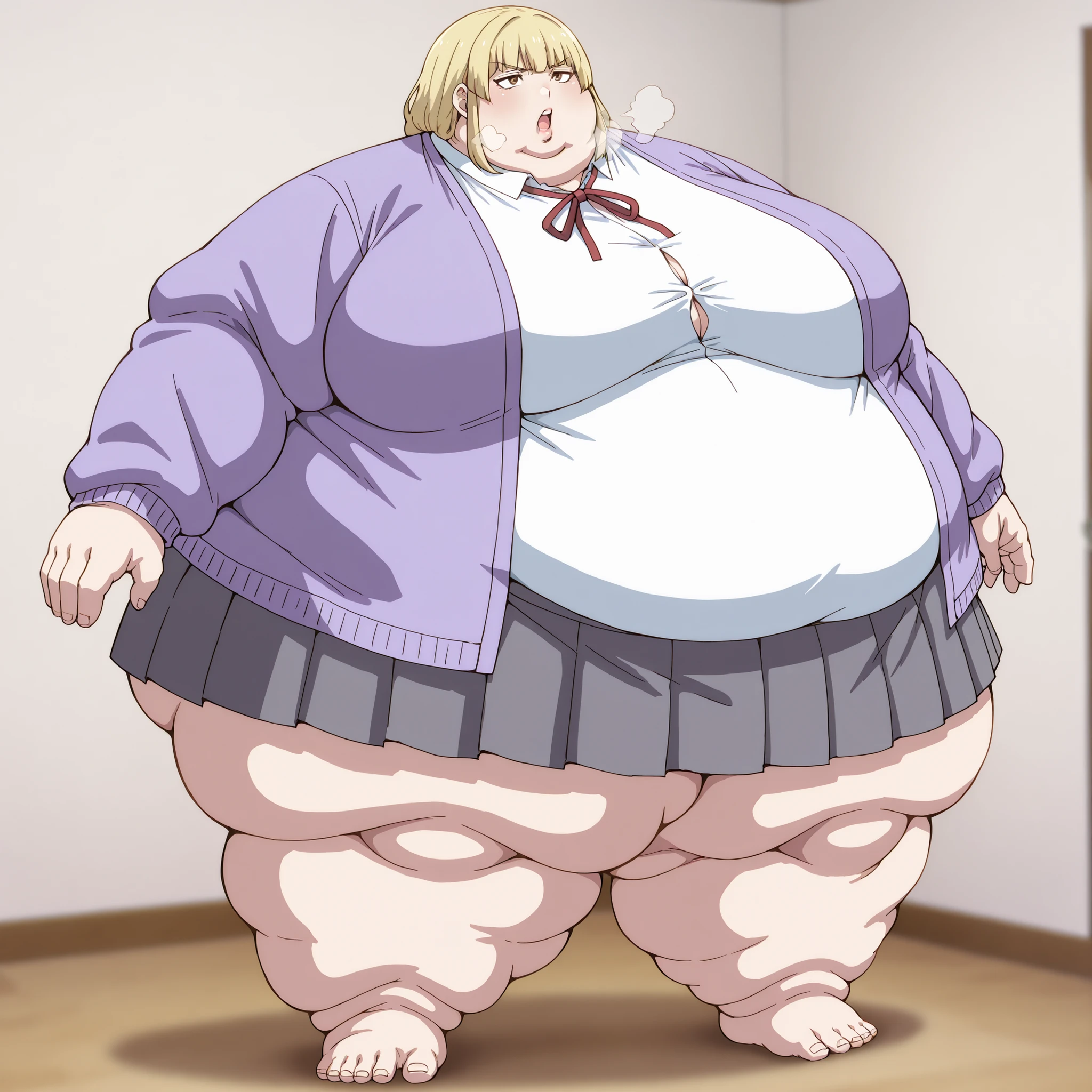 1girl, white shirt, school uniform, brown eyes, skirt, breasts, blonde hair, purple jacket, breasts, fat, chubby, obese, fat neck, multiple chins, big breasts open mouth, out of breath, Larger female, full body shot, only head, large head, oversized limbs, large hands, large feet, oversized feet, oversized fingers, big lips, plump lips, fat face, fupa, big fupa, fat fupa,