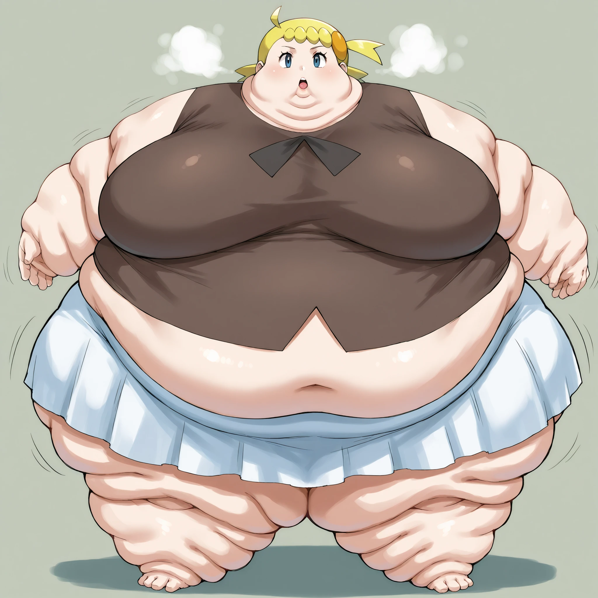 zzBonnie, bonnie_(pokemon), blue eyes, ahoge, blonde hair, hair ornament, short hair, side ponytail, brown shirt, white skirt, breasts, fat, chubby, obese, fat neck, multiple chins, big breasts open mouth, out of breath, Larger female, full body shot, only head, large head, oversized limbs, large hands, large feet, oversized feet, oversized fingers, big lips, plump lips, fat face, fupa, big fupa, fat fupa, 