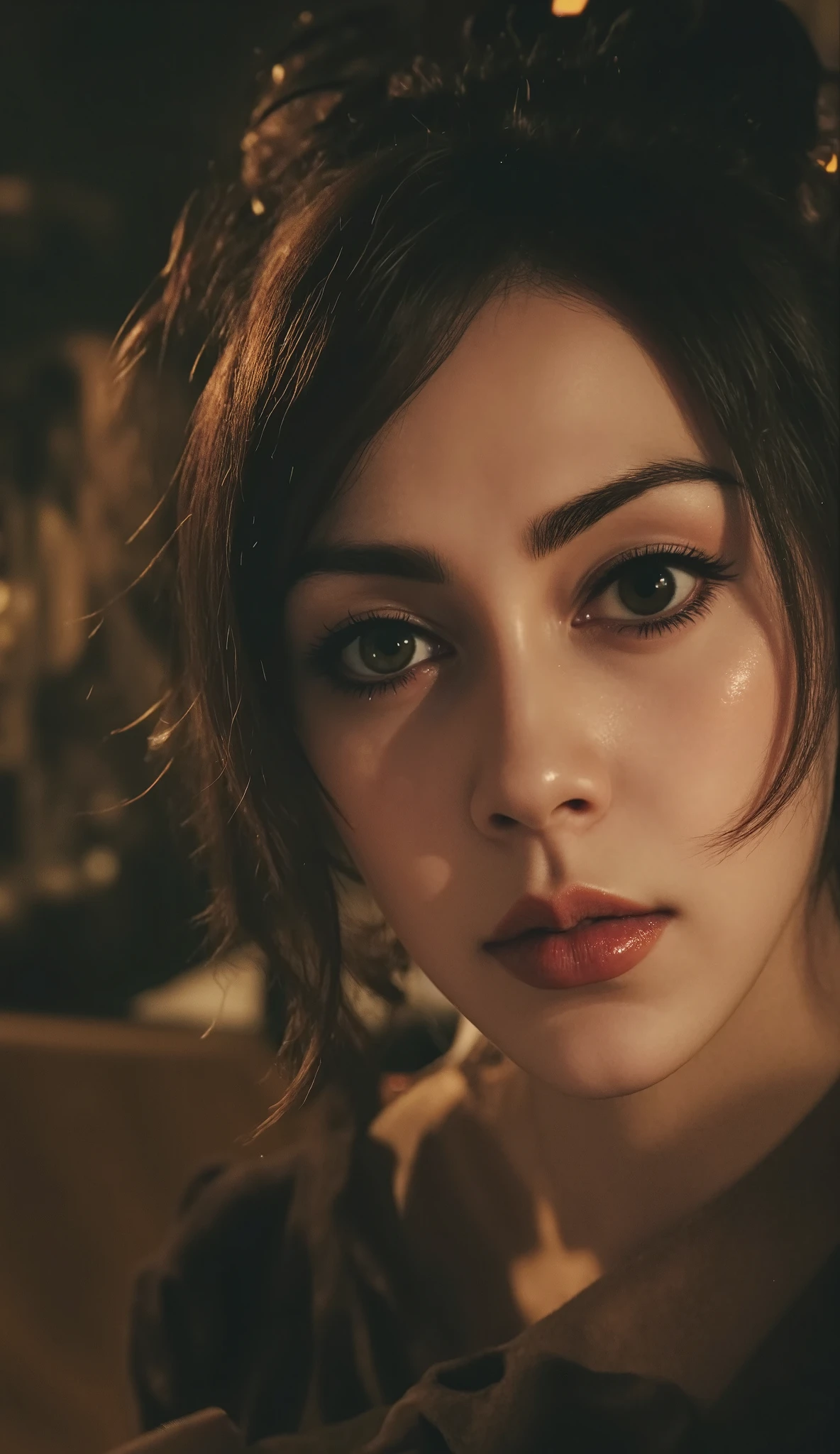 masterpiece, 8k, Highest Quality, detail, high resolution, Digital Photo, ultra detailed, photorealistic candid portrait of professional actress during pivotal moment of stage play rehearsal, captured from revealing 3/4 viewer perspective, face displaying raw emotional vulnerability as character's tragic realization dawns, eyes glistening with perfectly controlled tears that catch theatrical lighting, subtle tension visible in neck muscles and slightly parted lips about to deliver devastating monologue, wearing meticulously detailed Victorian-era costume with visible quick-change modifications for upcoming scene change, rehearsal environment showing contrast between dramatically lit performance space and practical backstage elements with costume racks and prop tables visible but artistically blurred, director leaning forward intensely in peripheral frame indicating breakthrough performance moment, fellow cast members frozen in background watching with visible emotional impact on their faces, script abandoned on nearby chair as performance has transcended written page, subtle body language showing complete character immersion with period-appropriate posture and gestural authenticity, shot with professional DSLR 50mm f/1.4 lens creating intimate documentary feel with perfect subject isolation against softly blurred background, dramatic side lighting creating compelling interplay of light and shadow accentuating facial structure and emotional intensity, photographic color grading with rich shadows and slightly desaturated palette enhancing theatrical atmosphere