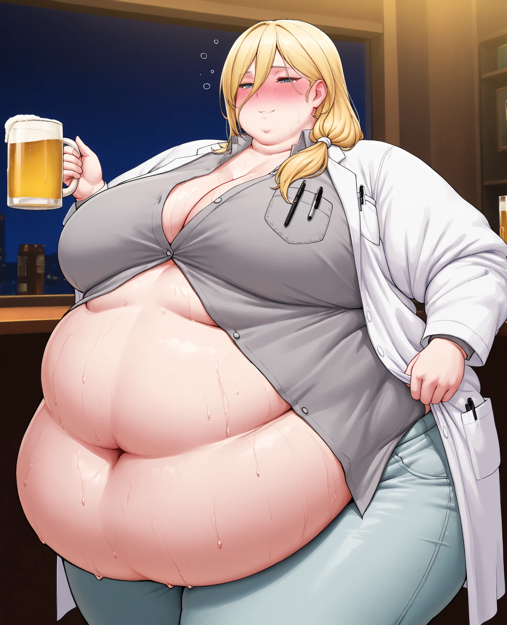 masterpiece, best quality, solo, 1girl, score_9, score_8_up,score_7_up BREAK, 1girl, solo, chubby, fat, very fat, obese, obesearms and legs, sloppy stomach, saggy round breasts, fat face, fupa, double chin, plump, thick thighs, thigh, morbidly obese, immobile, blush, sweaty, sweaty hair, blushing,La_Monica
1girl, solo, blonde hair, long hair, side ponytail, hair between eyes,
hair tie, white hair tie,
lab coat, white lab coat, shirt, gray shirt, shirt with golden buttons, unbuttoned shirt, light blue pants, chest pocket, pen in chest pocket, pub, night, (clothes rip 1.3), (tight clothes 1.5), blush, drunk, drunk expression, holding mug, mug, mug of beer,