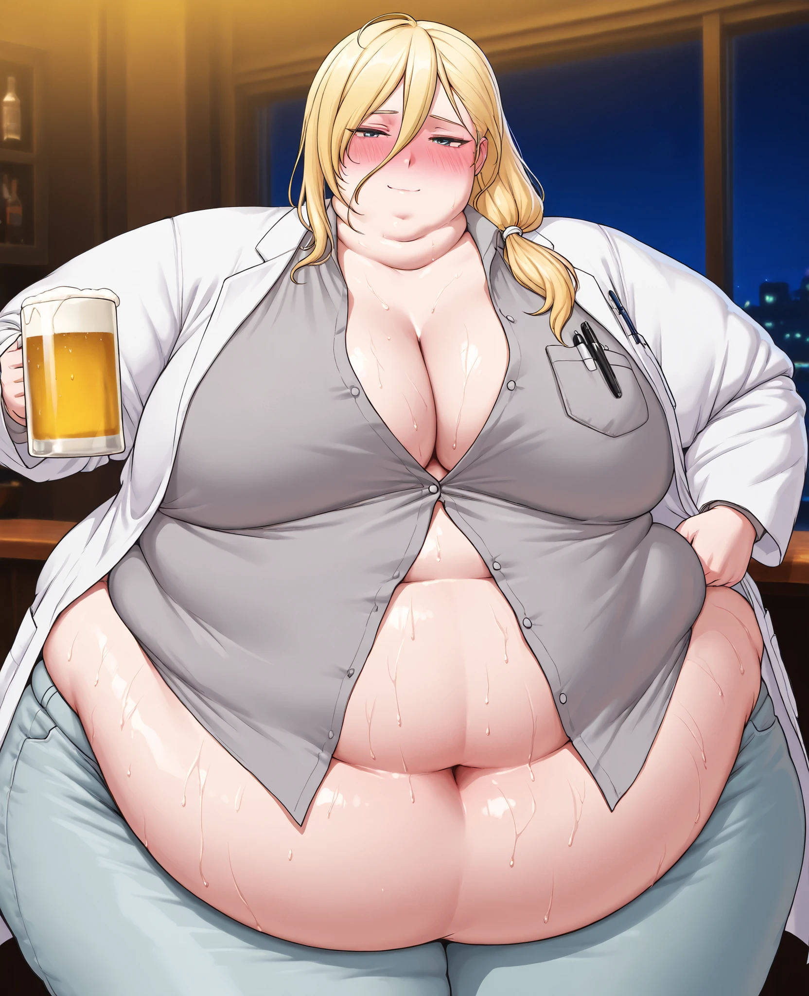 masterpiece, best quality, solo, 1girl, score_9, score_8_up,score_7_up BREAK, 1girl, solo, chubby, fat, very fat, obese, obesearms and legs, sloppy stomach, saggy round breasts, fat face, fupa, double chin, plump, thick thighs, thigh, morbidly obese, immobile, blush, sweaty, sweaty hair, blushing,La_Monica
1girl, solo, blonde hair, long hair, side ponytail, hair between eyes,
hair tie, white hair tie,
lab coat, white lab coat, shirt, gray shirt, shirt with golden buttons, unbuttoned shirt, light blue pants, chest pocket, pen in chest pocket, pub, night, (clothes rip 1.3), (tight clothes 1.5), blush, drunk, drunk expression, holding mug, mug, mug of beer,