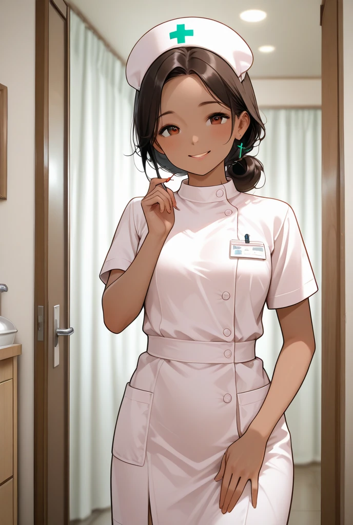 ((top quality)), ((masterpiece)), (Details), 1 girl。blunt bangs。Short Hair。braided ponytail。ahoge。Cute hair clip。 looks young。(small )。(moving composition)。 nurse。。