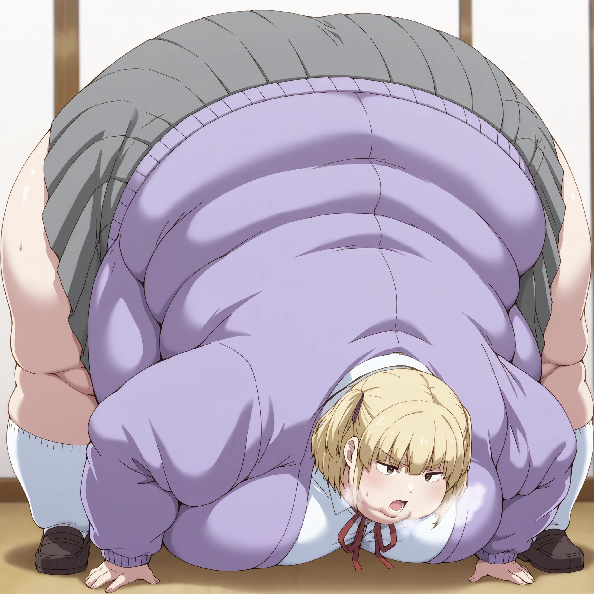 1girl, white shirt, school uniform, brown eyes, skirt, breasts, blonde hair, purple jacket, fat, chubby, obese,, big breasts open mouth, out of breath, Larger female, full body shot, bending over, bending down, back view, back side