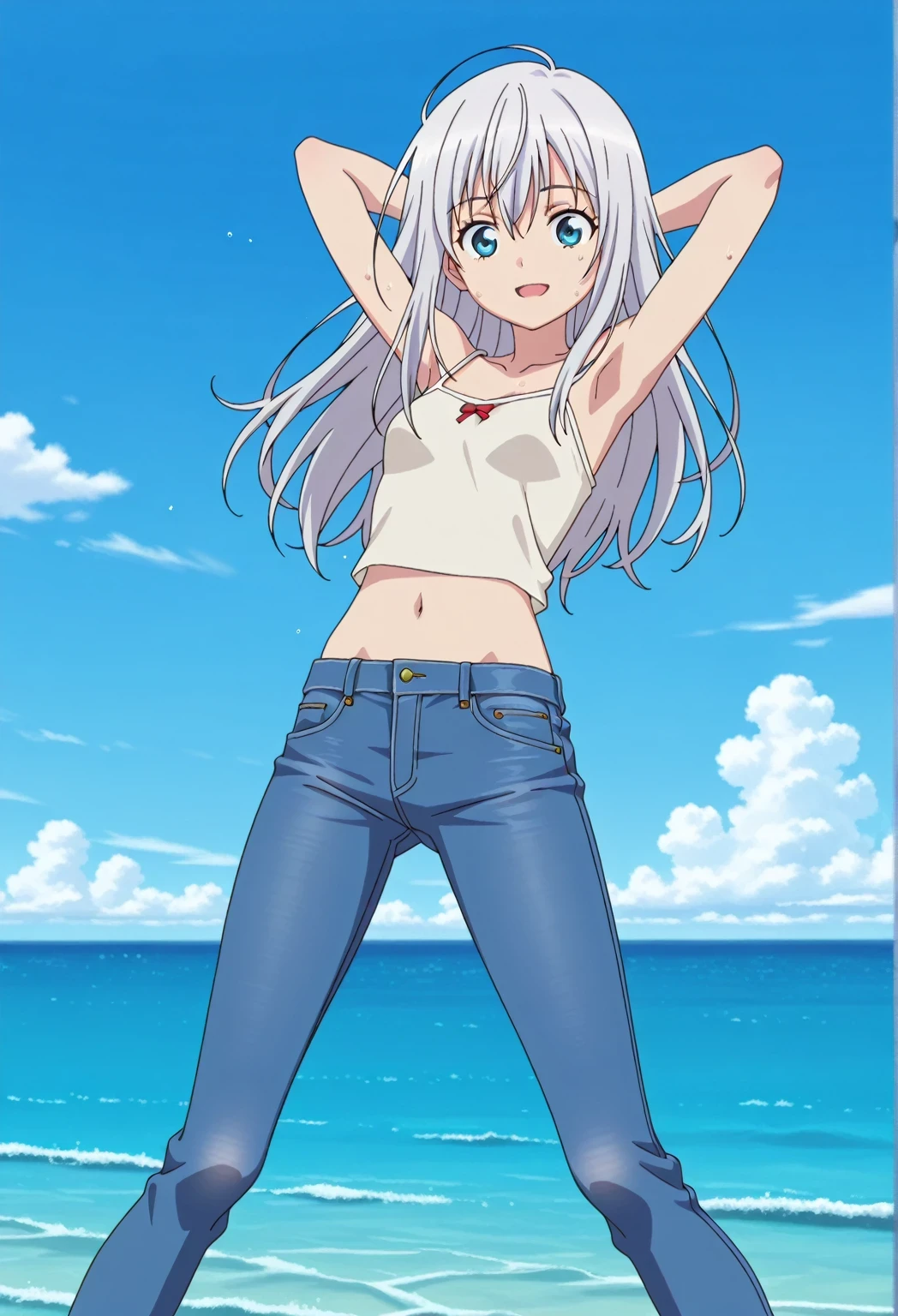 score_9, score_8_up, score_7_up, source_anime, highres, hi res, ((best quality, top quality, perfect quality, Highest Quality, amazing quality)), {{masterpiece}}, {{an extremely delicate and beautiful}}, 2d, intricate details, official style, anime, 8k, anime style, official_anime, official art, digital painting, cell shading, soft shading, high resolution, soothing tones, Subdued Color, Soft cinematic light, adobe lightroom, photolab, HDR, intricately and hyper-detailed, ((high quality animation)), 1 girl, Alone, solo, ((ocean)), tsunami, on the water, day, sunny, outdoors, sky, windy, jk girl, white hair, long hair, hair between eyes, blue eyes, anime coloring, anime screencap, small breasts, light beige camisole top, crop top, light beige crop top, best quality, hyper-detailed jeans, ((blue jeans:1.9)), (dark blue jeans:0.6), medium body, medium shot, Open mouth, small smile, sweat, standing, hyper-detailed arms, ((arms behind head:6.0)), ((perfect arm line:3.5)), ((hyper-detailed arms:2.5)), balance arm, raise elbows, bowlegged, natural stand pose, action, looking at viewer, spread legs, Bend knees slightly, from below