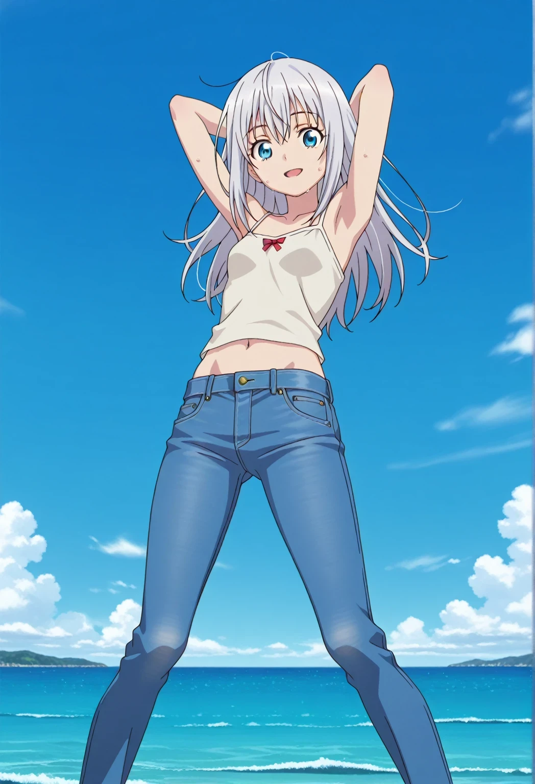 score_9, score_8_up, score_7_up, source_anime, highres, hi res, ((best quality, top quality, perfect quality, Highest Quality, amazing quality)), {{masterpiece}}, {{an extremely delicate and beautiful}}, 2d, intricate details, official style, anime, 8k, anime style, official_anime, official art, digital painting, cell shading, soft shading, high resolution, soothing tones, Subdued Color, Soft cinematic light, adobe lightroom, photolab, HDR, intricately and hyper-detailed, ((high quality animation)), 1 girl, Alone, solo, ((ocean)), tsunami, on the water, day, sunny, outdoors, sky, windy, jk girl, white hair, long hair, hair between eyes, blue eyes, anime coloring, anime screencap, small breasts, light beige camisole top, crop top, light beige crop top, best quality, hyper-detailed jeans, ((blue jeans:1.9)), (dark blue jeans:0.6), medium body, medium shot, Open mouth, small smile, sweat, standing, hyper-detailed arms, ((arms behind head:6.0)), ((perfect arm line:3.5)), ((hyper-detailed arms:2.5)), balance arm, raise elbows, bowlegged, natural stand pose, action, looking at viewer, spread legs, Bend knees slightly, from below