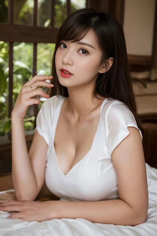 (Best quality, masterpiece, detailed), (RAW, 4k, hd images), 1 girl, 17 years old, white skin, medium hair, ponytail, layers hair, bangs, black hair, beautiful girl, cute girl, sweet girl, pretty girl, perfect girl, perfect body, pretty eyes, blue eyes, thin lips, (eye line, lip soft), perfect round , glasses, simple background, smile, thigh, legs, tshirt low neck, boxer pants, full body, sit on chair,  modeling pose, random angle capture, cleavage