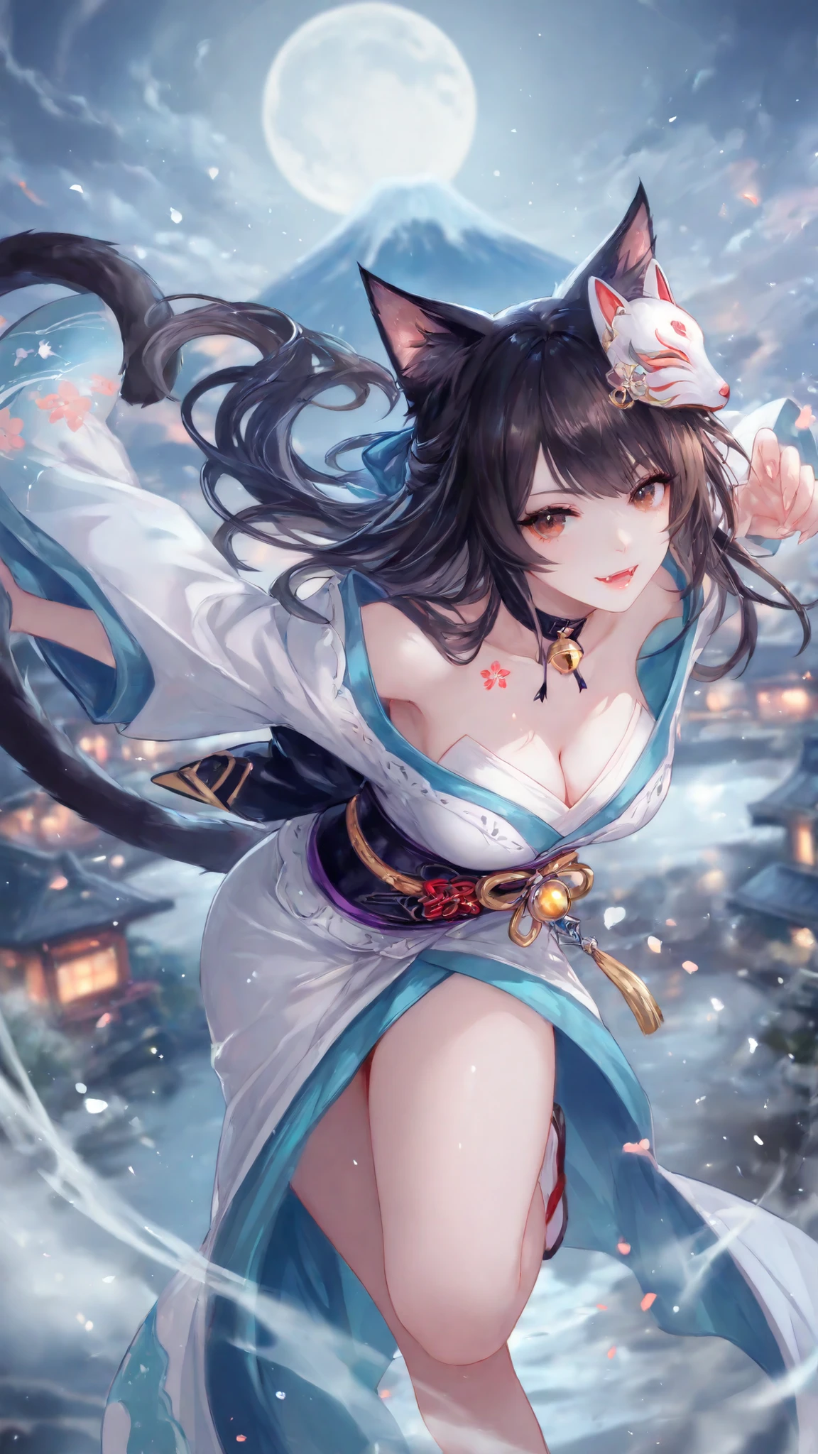 masterpiece,detailed_eyes,high_quality,best_quality,highres,subject_focus,depth_of_field,dynamic lighting,dynamic angle,detailed_eyes,seethrough clothes,breasts,clear skin,natural skin,Charming and delicate big eyes,brown eyes,Charming cleavage,atmospheric perspective,

1girl, solo, perfect anatomy, fine trait, best quality, ultra detailed, (kimono neko girl), cat tail, smile with fangs, claws, dynamic pose, in night japan village in background, mount Fuji, moon and clouds, very detailed.