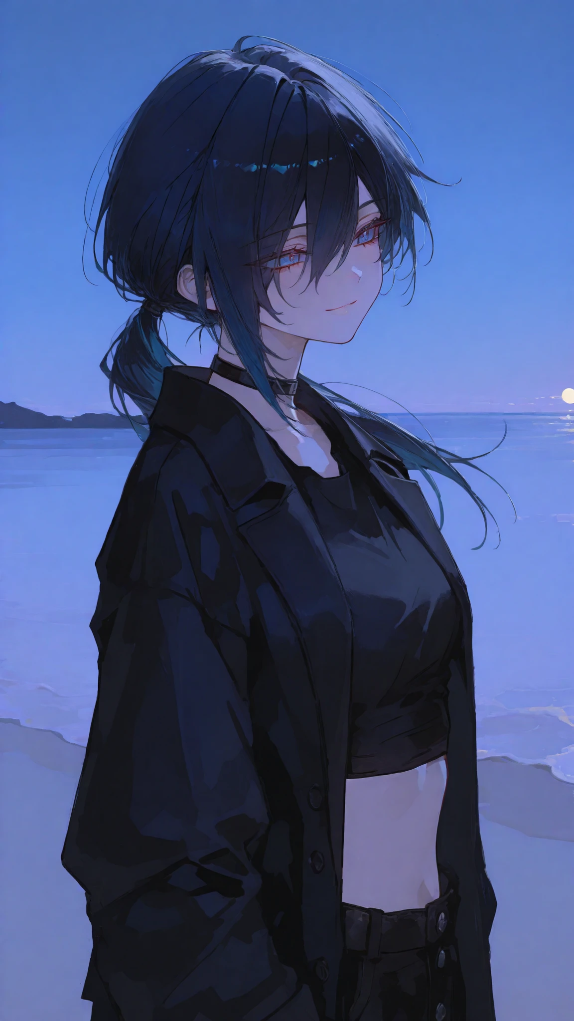 girl,Black-haired, blue eyes, Boyish,Black Coat,hair between eye,Black Shirt, Crop top , mullet hair ,cute, ponytail,BLACK TROUSERS,smile, ,Upper Body Shape, Choker,Sky Background, night,midnight, Moonlight,The wind,beach,standing,side view,Upper Body Shape,