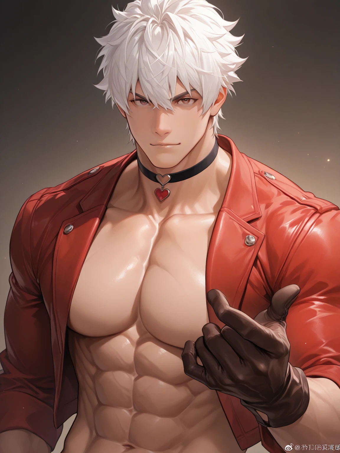 A 17-year-old male character, short white hair in a gradient style, corpo musculoso mais na medida, que seja extremamente lindo,sem camisa em uma pose ????.