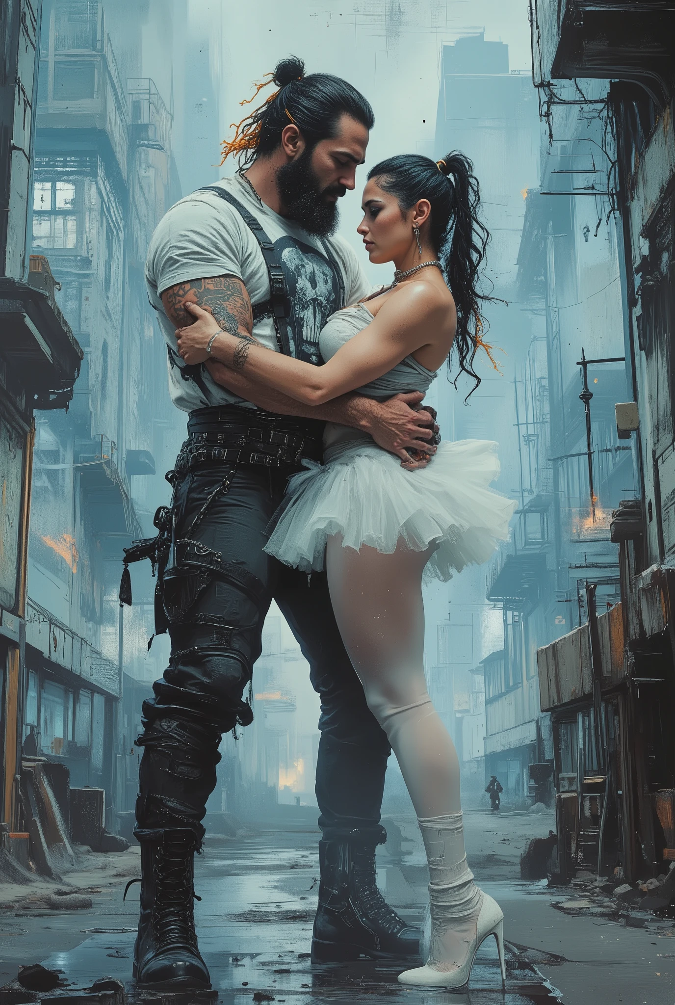 The king passionately hugs his queen. The digital illustration shows a muscular male king with long, loose black hair combed back and decorated with orange strands. He has a full beard. He is wearing a white T-shirt with a graphic design of a black skull, black trousers with lots of straps and buckles, and black high-top boots.In the king's arms is his queen. She's wearing a white tutu white pantyhose and white platform heels. She is wellshaped, perfect body woman, smaller than man. She stands on her fingertips, holding onto the king's shoulder. She has stage makeup and a artistic hairstyle with two ponnytails. The background is a mix of abstract and urban elements, with a cool color palette dominated by shades of blue and gray. The overall style of the game is very detailed and dynamic, with an emphasis on strong and confident character behavior. Surreal digital graphics.