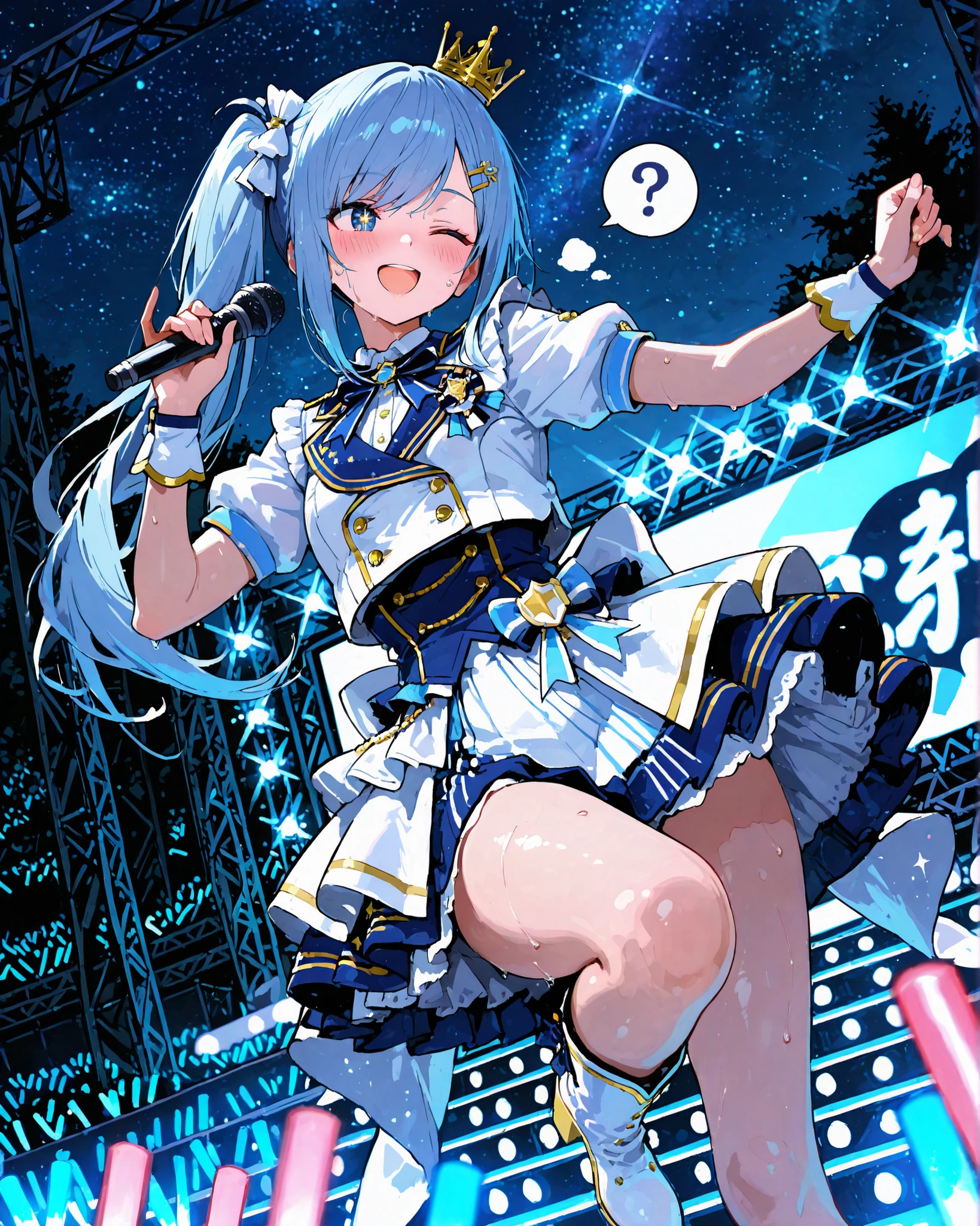 masterpiece, best quality, ultra-detailed, perfect anatomy,
748cmstyle,
anime style, side ponytail, straight hair, swept bangs, navy blue hair, deep navy eyes, mini crown, hairpin, light red idol clothes, light red platform boots, hand up holding a microphone, standing on one leg, dancing, dynamic action, looking afar, dutch angle, outdoors, stage, stage lights, concert, glowstick, night, starry sky, smile, open mouth, blush, sweat:0.5, spoken question mark, wink, highly detailed, cinematic lighting, depth of field,