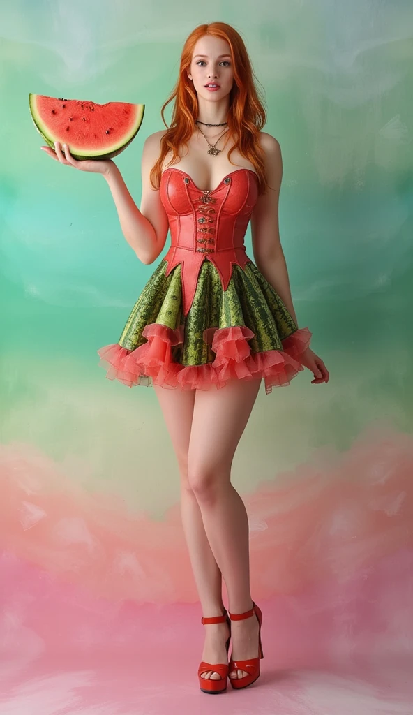 Female idol covered in fruits、full body Esbian、、Fruit-covered clown fashion（Leotard style）、Clown hat、Colorful fruits、Colorful hair