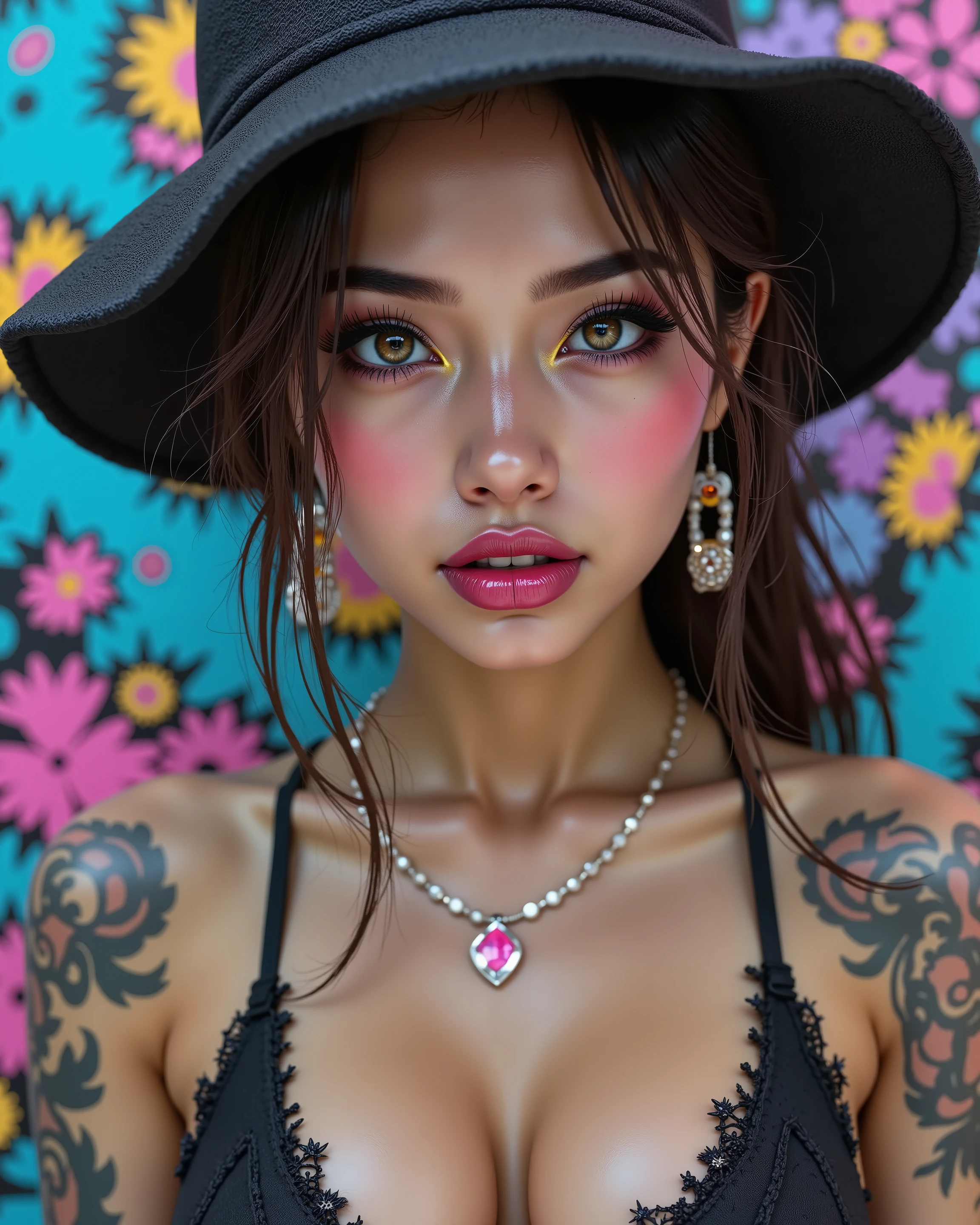  Realistic, (Photorealistic realism), ((ultra quality, extremely details, digital art)), ((focus on extremely Realistic Proportion Body, Anatomically Correct:1.2)), Beautiful Girl, "Eyes (acid-resistant terminology) (macro-details:1 . 25) * Moist corneal surface (visible aqueous layer:1 . 2) * Hyper-detailed iris stroma (brown) * Precise limbal ring (slightly darker pigmentation:1 . 22) * Pupil micro-texture (irregular edge authenticity:0 . 9) * Vasculature in sclera (subtle red veins radiating from limbus)", "Lashes: blue individual synthetic fibers (crosshatched roots:1 . 2 , clump-free separation)" Technical Specs: (Optics: - "Zeiss Otus85mm f/1 . 4 lens (eye refraction calculations:0.8)" - "Shutter Speed:1/500 (freeze eye micro-movements)" - "(Focus Stacking:7-point coverage on iris plane") (Post-Processing: - "Frequency separation for skin vs eye details" - "Selective sharpening: eyes180% , hair120%" - "Denoise: luminance20 , color35 (retain corneal speculars:1.21)") (Avoid: "pupil distortion , uncanny valley asymmetry , plastic-like wetness")}, UHD, perfect female body, (Beautiful long legs in good style:1.35), ((no bra, no panties:1.3)), (medium butt), (skinny body build),(perfect hot model body:1.4), ((slim belly: 1.2)), (muscular body), dress a beautiful girl with a perfect figure in something nice, made of available materials [(latex), ((lacy), (leather), (jewelry), bracelets, pendants, earrings)], I encourage you to draw them at the same time, ((Use any technique, any style, any outfit, Sew, ((embroider)),choose the color of your eyes, hair and even hairstyles)), ((I encourage you to choose the right background for your phenomenally drawn creation)), (Use any technique, any style, any outfit, arms tattoo,((micro skirt)),angelic cute face,white teeth, perfect beauty, long eyelashes, neon pink lips, oiled skin (psychedelic background, paranoia background),