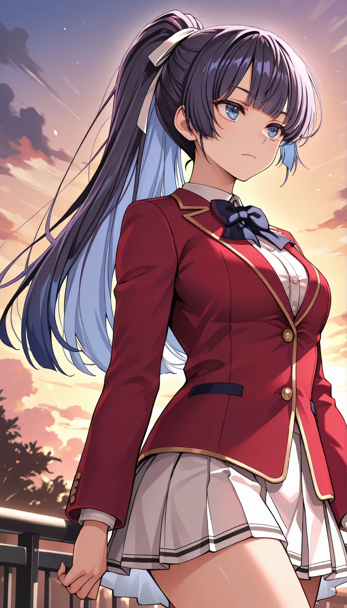 score_9_up score_8_up score_7_up, mako amikura, 1girl, ponytail, long hair, hair ribbon, purple hair, blue hair, ribbon, bangs, high ponytail,glossy lips,
white shirt, red blazer(buttoned blazer), collared shirt, white skirt, bowtie, thigh,medium_breasts, 1girl, solo,walking ,school commute, outdoor ,sunset ,from below,serious, closed mouth, masterpiece, best quality, absurdres, from side