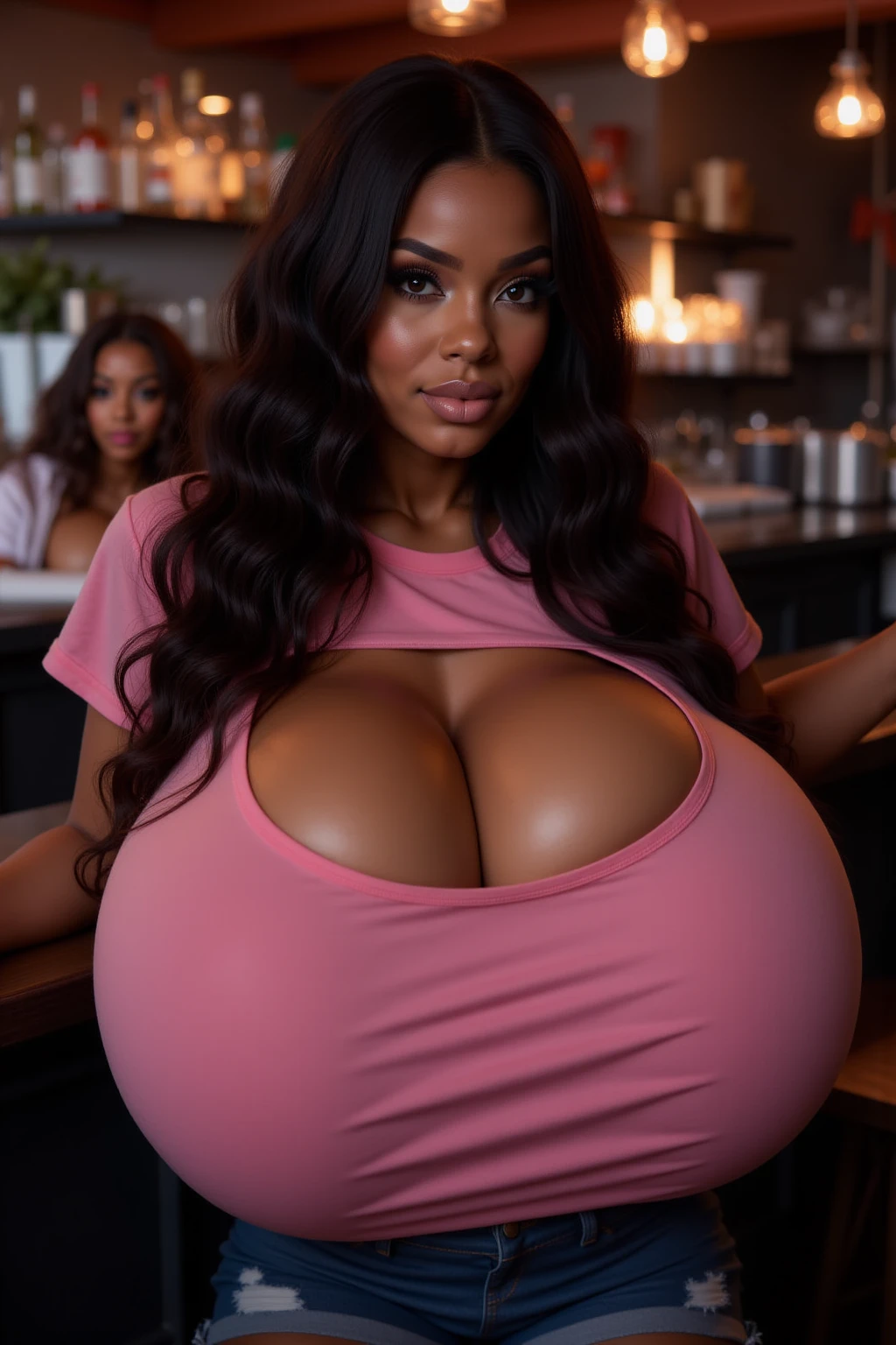 Kim kardashian, standing in a restaurant, tight black dress, (: 1.2), black hair, long wavy hair, (tan skin: 1.2), seductive, , , aroused, MILF, huge , thick thighs, dim lighting, long dress, long sleeves