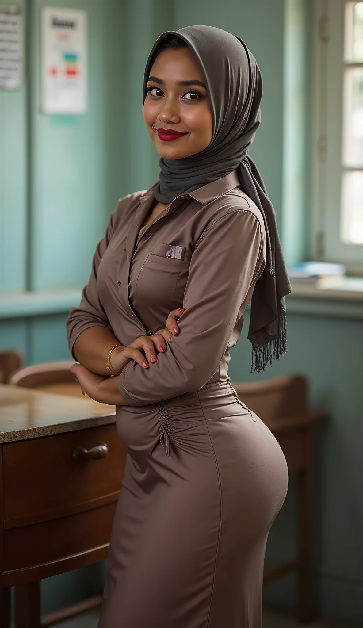 (view ), ((view from above)), (birds eye perspective), In an empty classroom, a  (hijabi) muslim with an hourglass figure confidently stood presenting her (beautiful 1 ) to viewer, ready to sexualized her unique style and personality. She wore daring (bikini) hijab and (stockings), creating a fashionable ensemble that expressed her sensuality.

With a full face of makeup, her expressive mouth became the focal point of her captivating presence. Her lips were adorned with a vibrant shade, reflecting her confidence and boldness. As she stood and posed, her expressive mouth conveyed a sense of playfulness and enthusiasm, radiating positivity and energy.

Her hourglass figure was tastefully accentuated by her thighhighs, highlighting her curves and exuding self-assurance. The modern hijab and stockings combination allowed her to express her personal style while adhering to school dress codes.  (stockings), (she is looking at viewer)
(SFW:1.5)