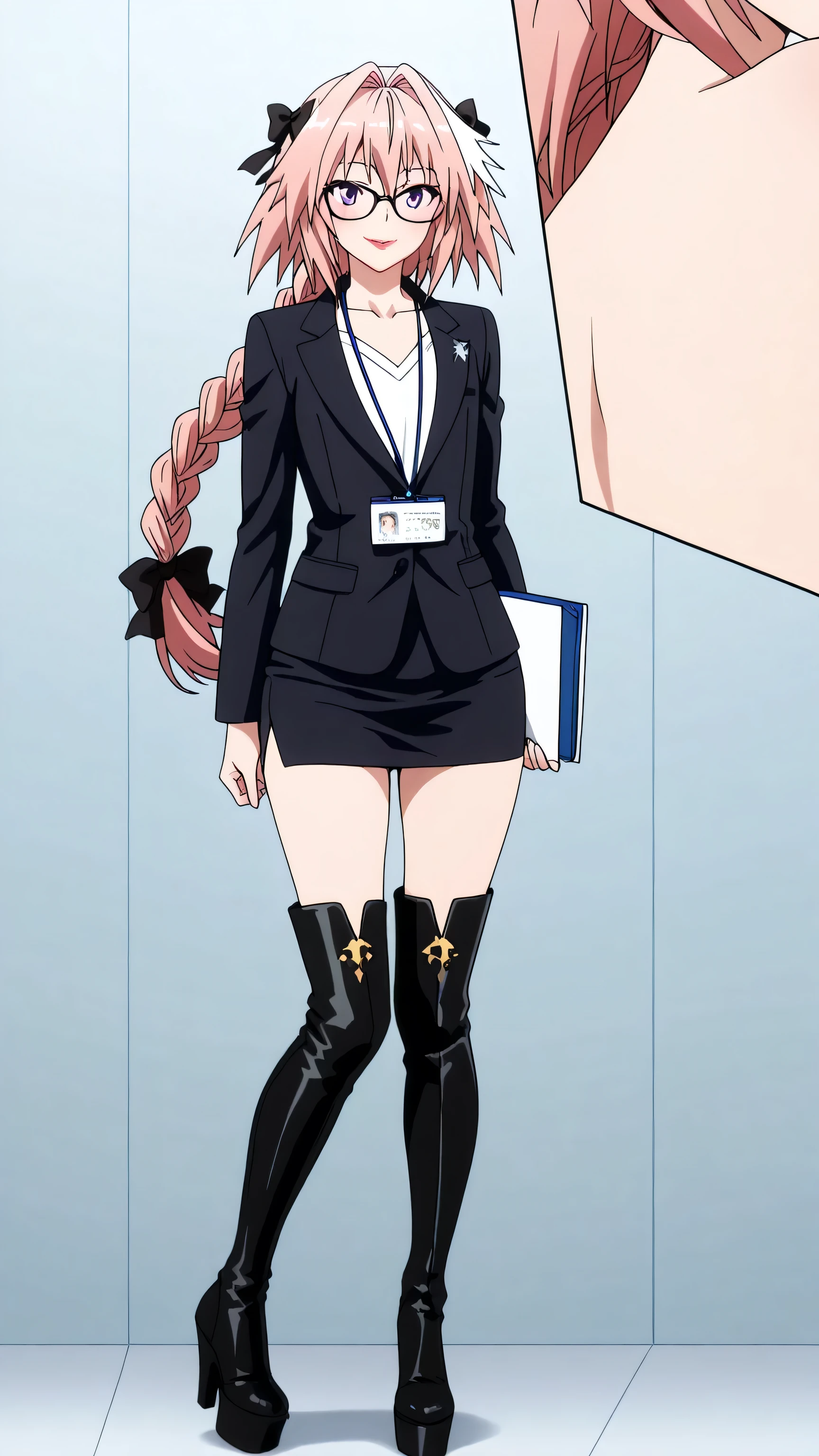 name tag , glasses, mini skirt, shirt, long sleeves, collarbone, jacket, white shirt, black skirt, black jacket, formal, suit, office lady, skirt suit,, , astolfo, long hair, pink eyes, hair ribbon, pink hair, braid, ahoge, white hair, male focus, multicolored hair, streaked hair, single braid, otoko no ko, long braid,black high heels BOOTS, thigh-high boots, platform boots, red lipstick, eyelashes, makeup, glossy lips, masterpiece, dakimakura, high resolution, blush, looking at viewer, standing up, masterpiece, best quality, high quality facial features, perfect eyes, facing directly, 4k , 8k , high resolution, shown fully in frame, Perfect body woman, Well proportionated Symmetrical body, hip dips, full body shown, voluptuous body, blue eyeshadown, smiling, , secretary, holding folder,