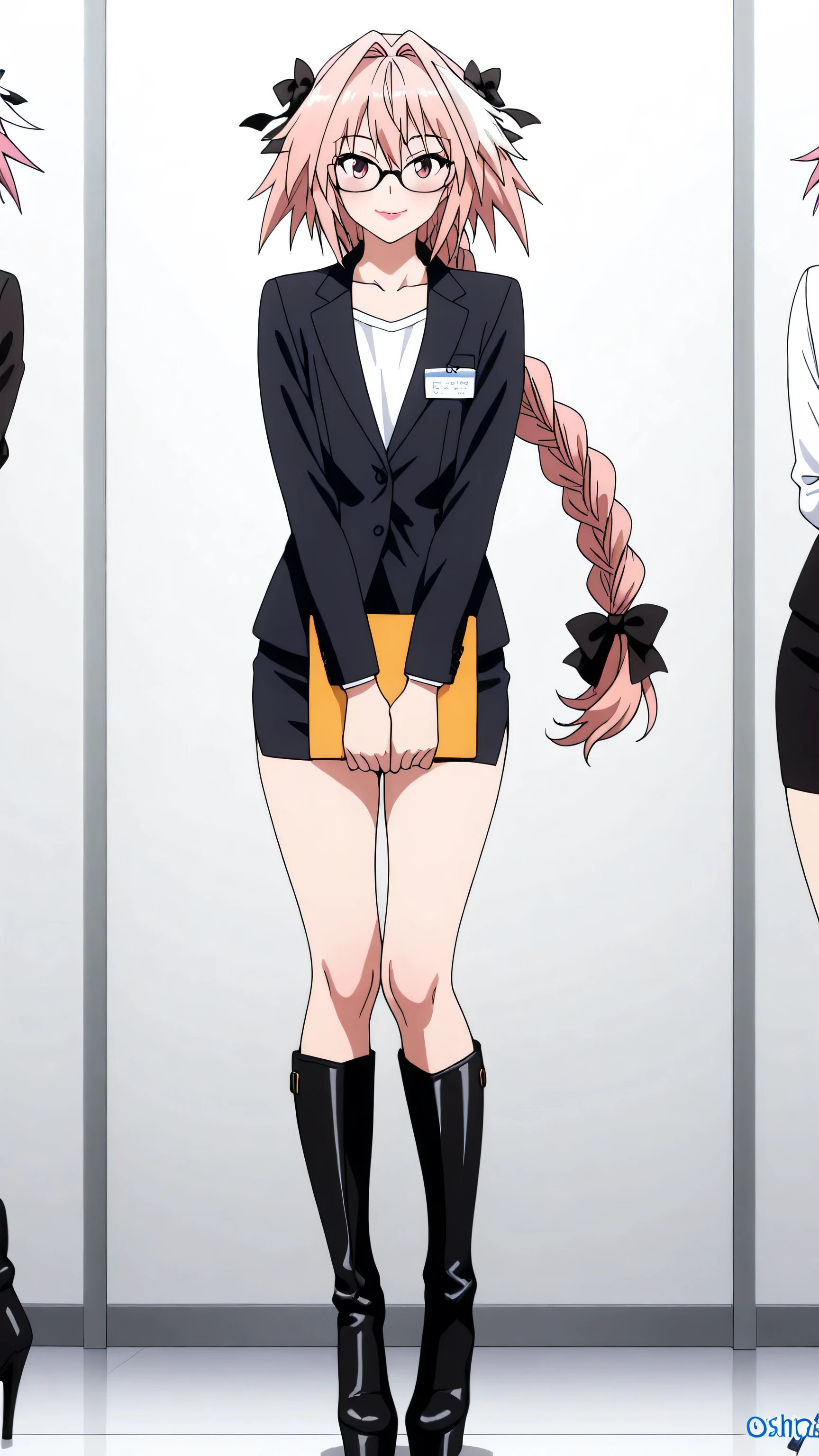 name tag , glasses, mini skirt, shirt, long sleeves, collarbone, jacket, white shirt, black skirt, black jacket, formal, suit, office lady, skirt suit,, , astolfo, long hair, pink eyes, hair ribbon, pink hair, braid, ahoge, white hair, male focus, multicolored hair, streaked hair, single braid, otoko no ko, long braid,black high heels BOOTS, thigh-high boots, platform boots, red lipstick, eyelashes, makeup, glossy lips, masterpiece, dakimakura, high resolution, blush, looking at viewer, standing up, masterpiece, best quality, high quality facial features, perfect eyes, facing directly, 4k , 8k , high resolution, shown fully in frame, Perfect body woman, Well proportionated Symmetrical body, hip dips, full body shown, voluptuous body, blue eyeshadown, smiling, , secretary, holding folder,