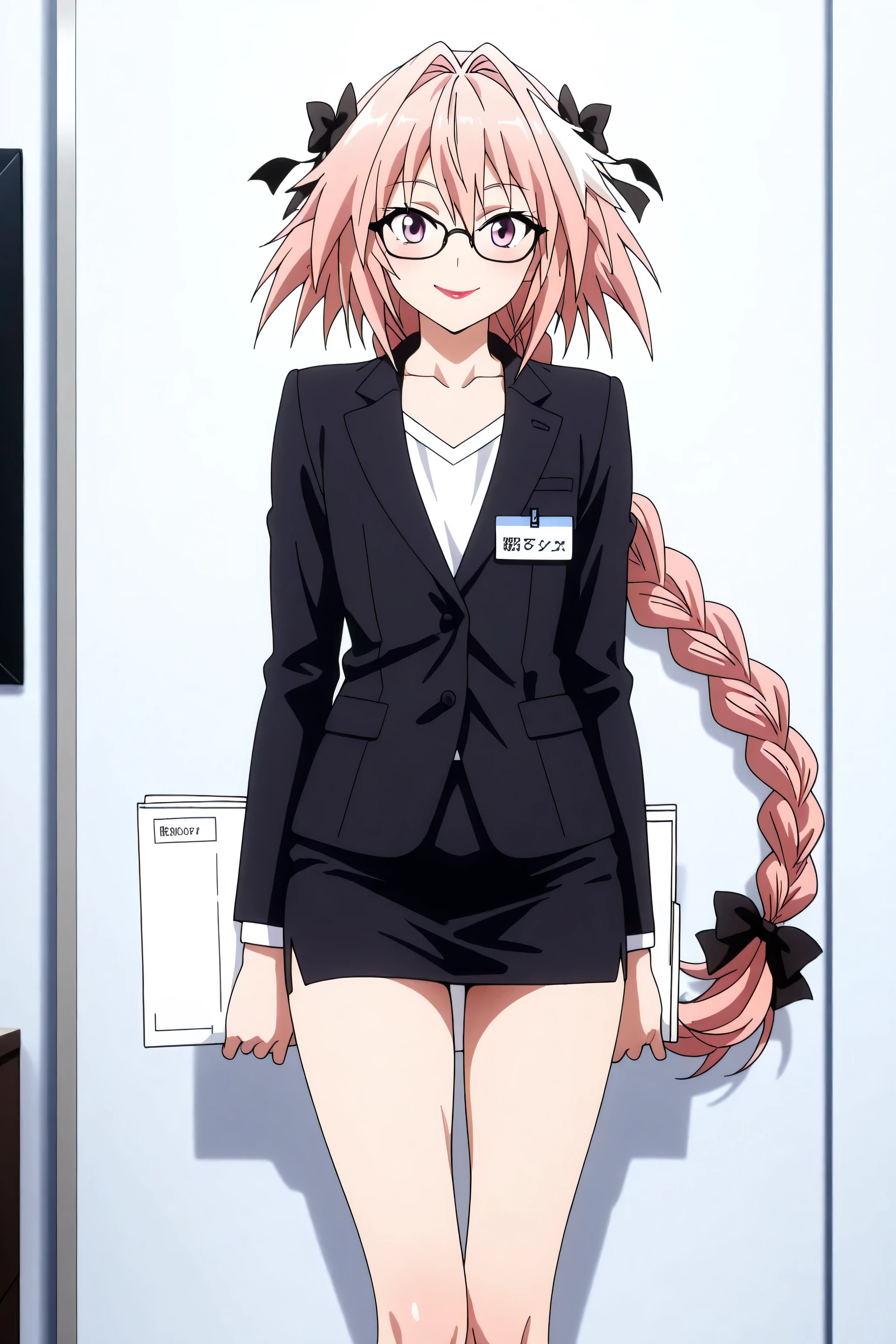 name tag , glasses, mini skirt, shirt, long sleeves, collarbone, jacket, white shirt, black skirt, black jacket, formal, suit, office lady, skirt suit,, , astolfo, long hair, pink eyes, hair ribbon, pink hair, braid, ahoge, white hair, male focus, multicolored hair, streaked hair, single braid, otoko no ko, long braid, red lipstick, eyelashes, makeup, glossy lips, masterpiece, dakimakura, high resolution, blush, looking at viewer, standing up, masterpiece, best quality, high quality facial features, perfect eyes, facing directly, 4k , 8k , high resolution, Perfect body woman, Well proportionated Symmetrical body, hip dips, voluptuous body, blue eyeshadown, smiling, , secretary, holding folder, face only,