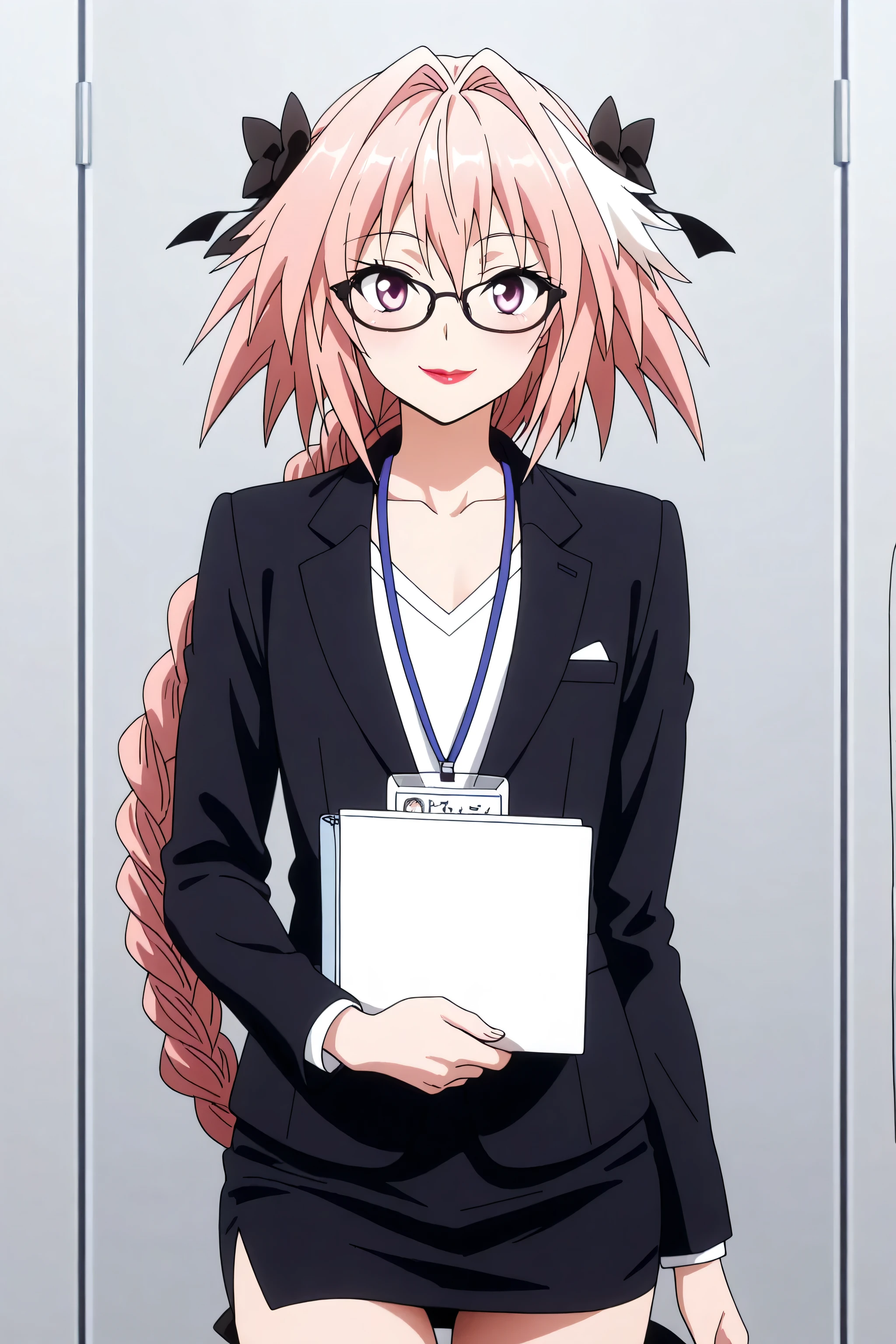 name tag , glasses, mini skirt, shirt, long sleeves, collarbone, jacket, white shirt, black skirt, black jacket, formal, suit, office lady, skirt suit,, , astolfo, long hair, pink eyes, hair ribbon, pink hair, braid, ahoge, white hair, male focus, multicolored hair, streaked hair, single braid, otoko no ko, long braid, red lipstick, eyelashes, makeup, glossy lips, masterpiece, dakimakura, high resolution, blush, looking at viewer, standing up, masterpiece, best quality, high quality facial features, perfect eyes, facing directly, 4k , 8k , high resolution, Perfect body woman, Well proportionated Symmetrical body, hip dips, voluptuous body, blue eyeshadown, smiling, , secretary, holding folder, face only,