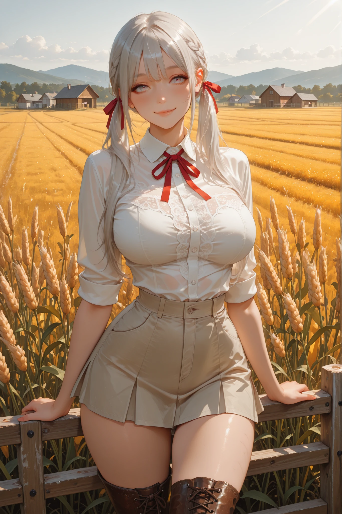 score_7_up, score_6_up, score_5_up, score_4_up, Label1, Label2, quality_masterpiece, Anatomically correct, highly detailed face, young farmer woman, silver hair in pigtails, red ribbons tied at the ends, soft youthful features, warm smile, supple curvaceous body, narrow waist, wide hips, gentle bust, smooth sun-kissed skin, simple rustic outfit, fitted linen top, rolled sleeves, modest neckline, short skirt or work pants, leather boots, slight dirt smudges from farm work, natural modest makeup, lively bright eyes, relaxed countryside posture, farmland background, wooden fence, fields of crops, warm sunlight, (colors CMYK), (ultrahd, 8K), (intricate details), atmosphere of innocence, rural charm, and natural beauty, farm background, large breasts, 